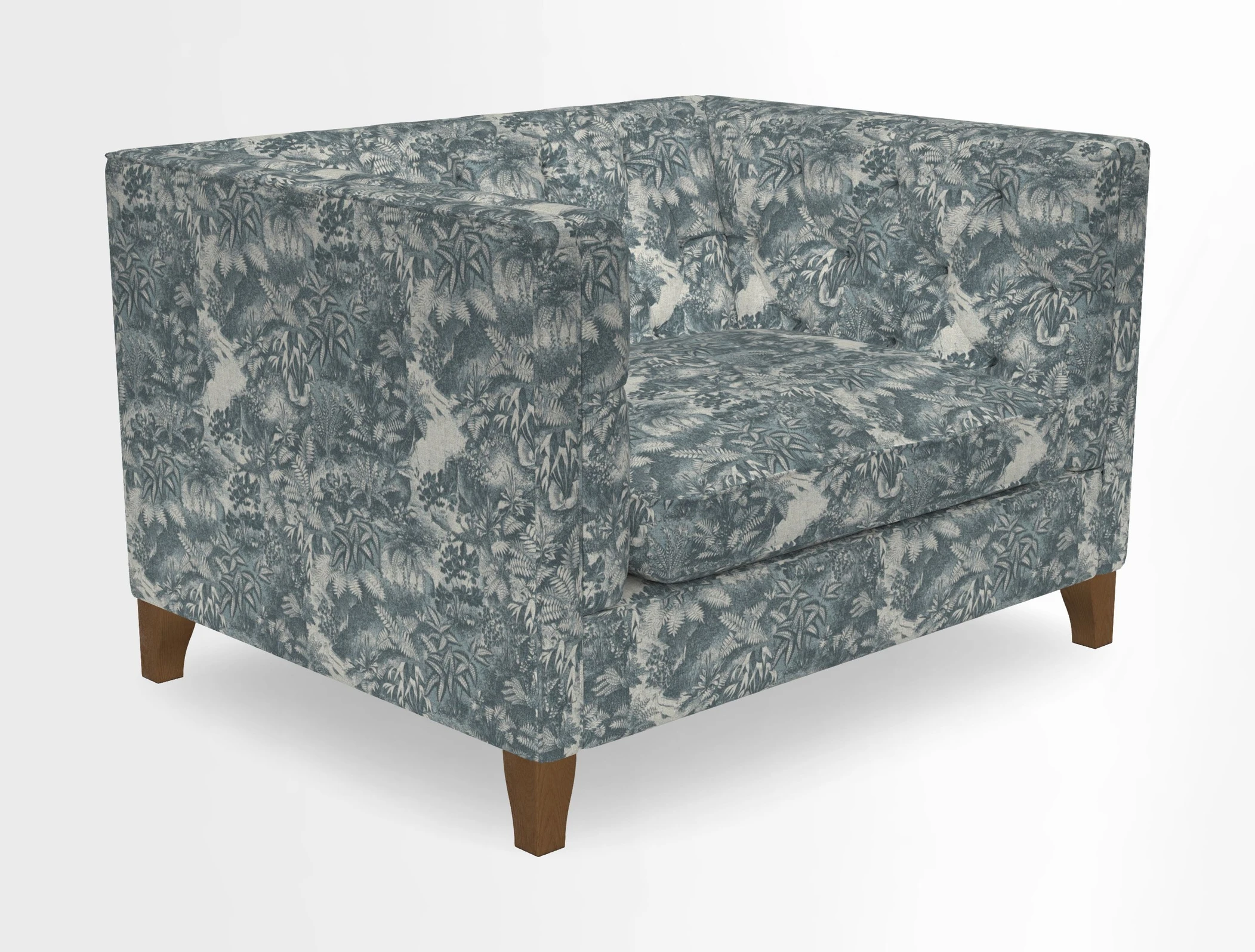 Haresfield Snuggler Dipped Arms in Mohair Lichen Seat Cushion in RHS Gertrude Jekyll Meadow Flower Olive and Scatters in RHS Gertrude Jekyll Folklore Olive