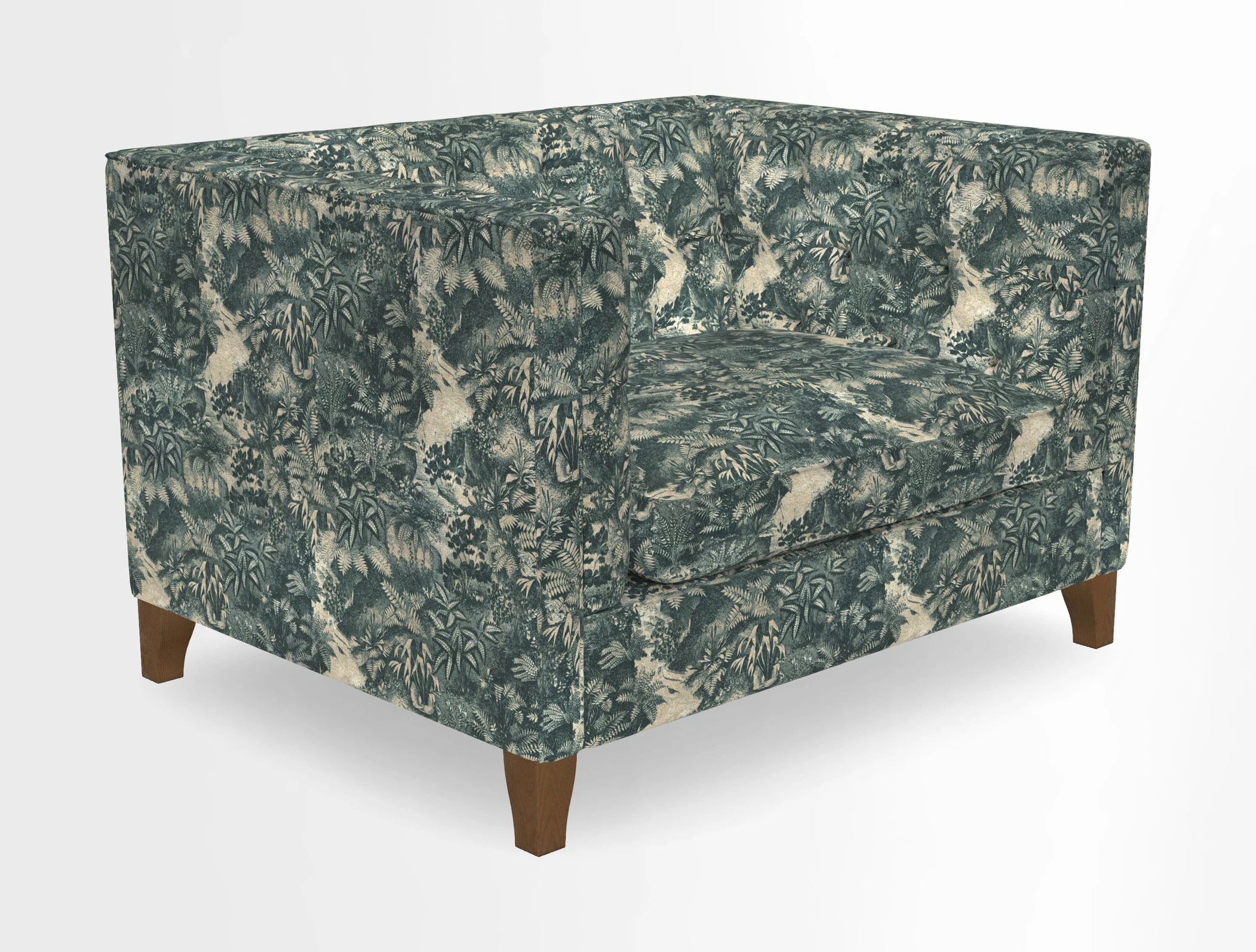Haresfield Snuggler Dipped Arms in Mohair Lichen Seat Cushion in RHS Gertrude Jekyll Meadow Flower Olive and Scatters in RHS Gertrude Jekyll Folklore Olive