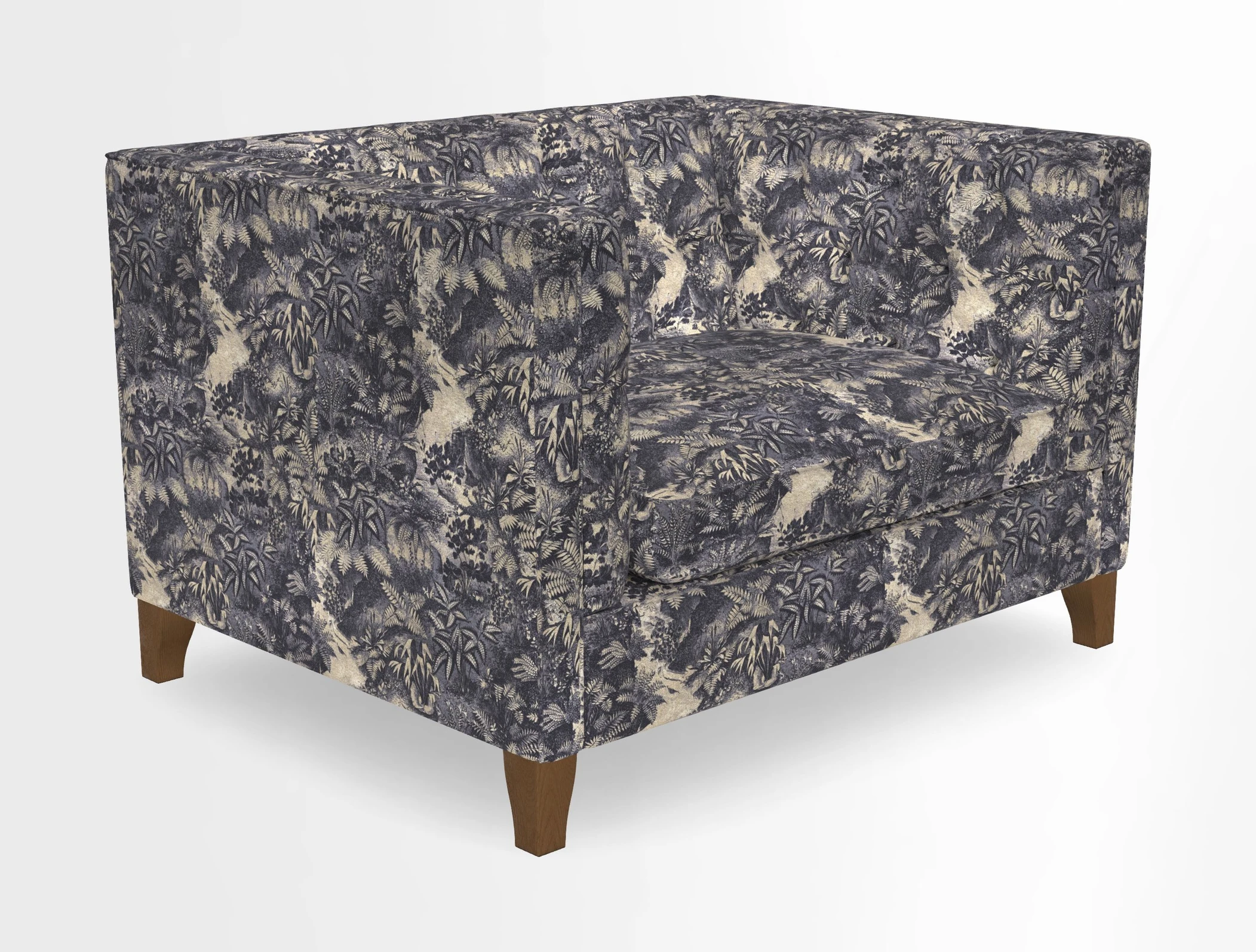Haresfield Snuggler Dipped Arms in Mohair Lichen Seat Cushion in RHS Gertrude Jekyll Meadow Flower Olive and Scatters in RHS Gertrude Jekyll Folklore Olive