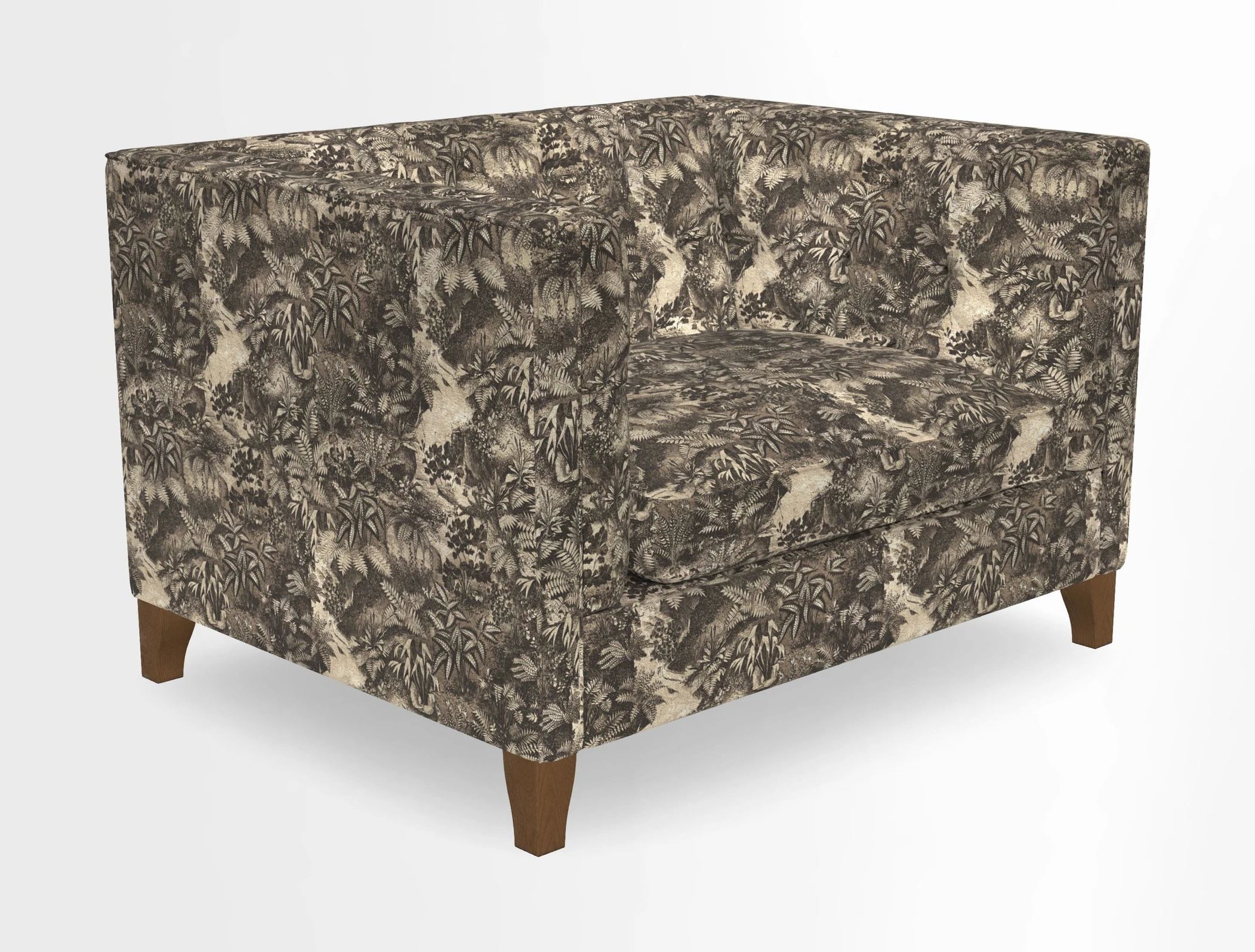 Haresfield Snuggler Dipped Arms in Mohair Lichen Seat Cushion in RHS Gertrude Jekyll Meadow Flower Olive and Scatters in RHS Gertrude Jekyll Folklore Olive