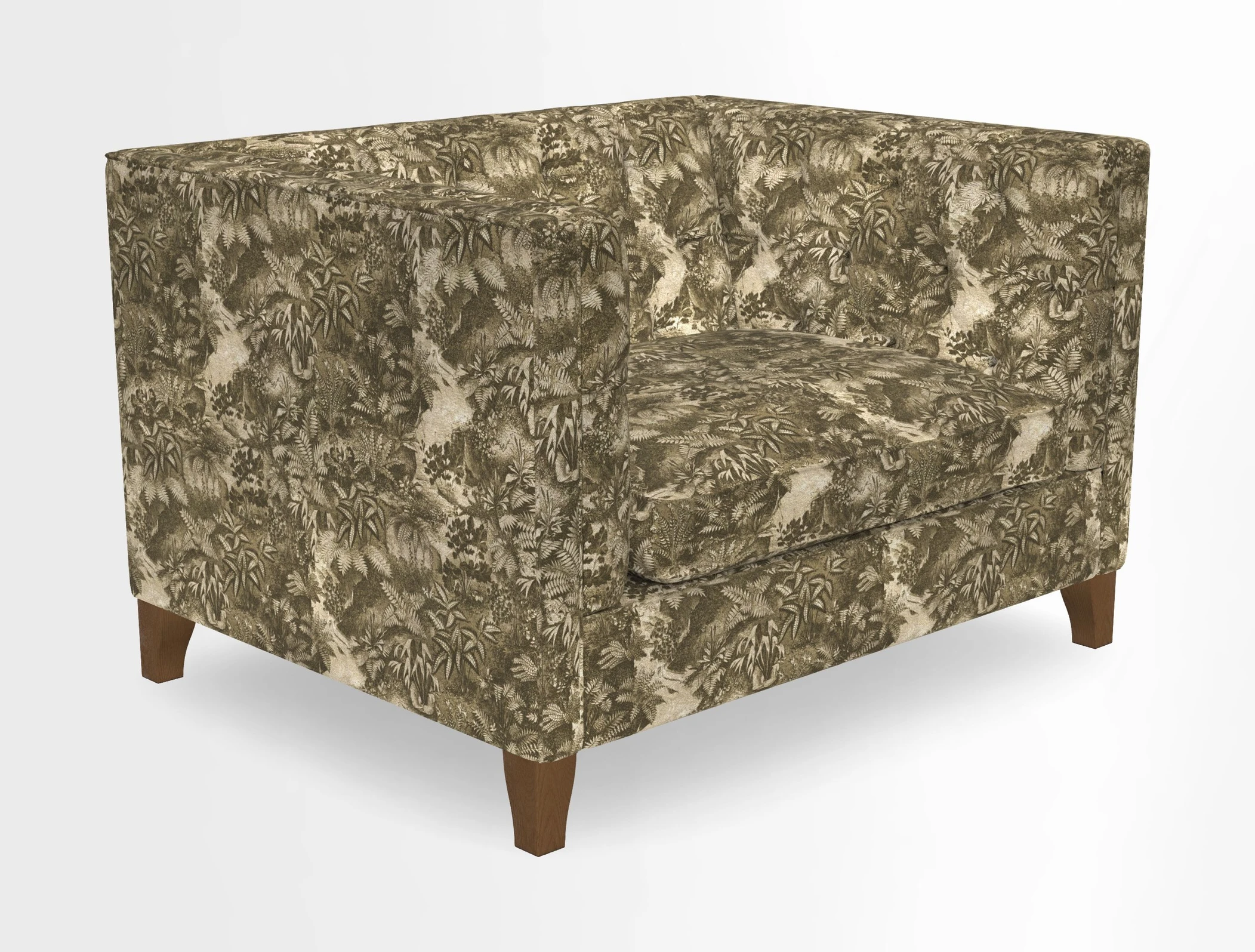 Haresfield Snuggler Dipped Arms in Mohair Lichen Seat Cushion in RHS Gertrude Jekyll Meadow Flower Olive and Scatters in RHS Gertrude Jekyll Folklore Olive