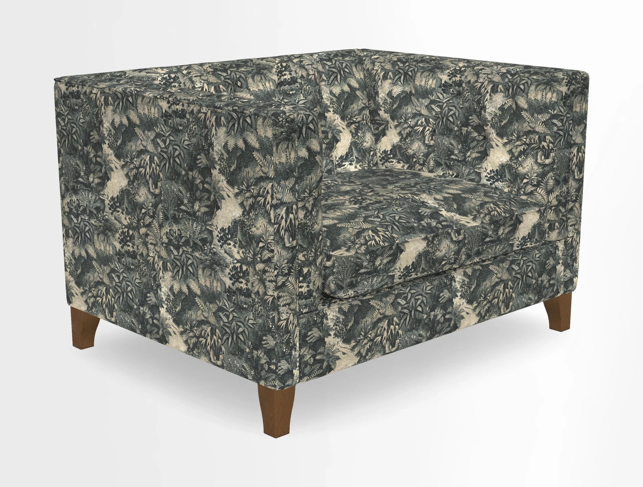Haresfield Snuggler Dipped Arms in Mohair Lichen Seat Cushion in RHS Gertrude Jekyll Meadow Flower Olive and Scatters in RHS Gertrude Jekyll Folklore Olive