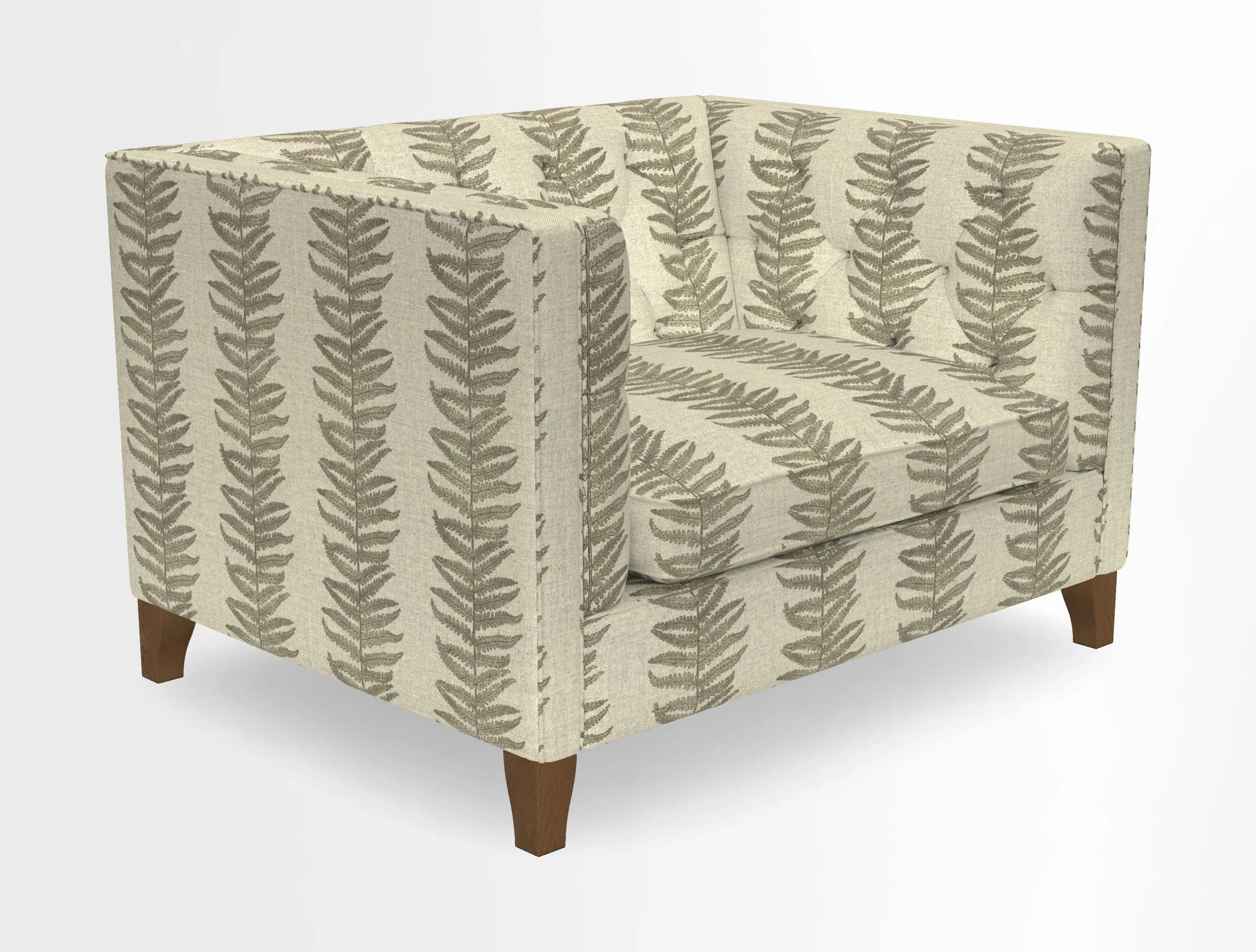 Haresfield Snuggler Dipped Arms in Mohair Lichen Seat Cushion in RHS Gertrude Jekyll Meadow Flower Olive and Scatters in RHS Gertrude Jekyll Folklore Olive