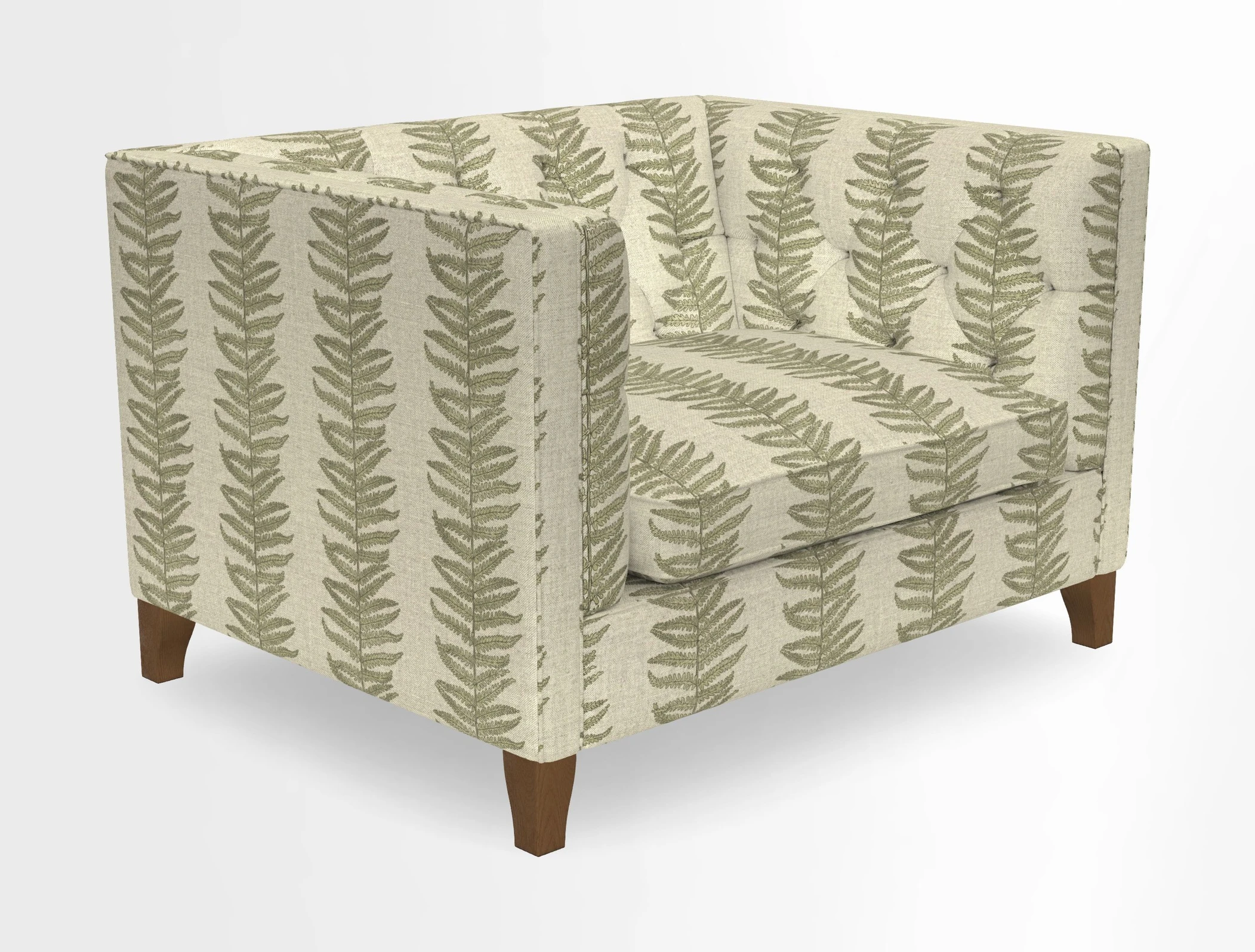 Haresfield Snuggler Dipped Arms in Mohair Lichen Seat Cushion in RHS Gertrude Jekyll Meadow Flower Olive and Scatters in RHS Gertrude Jekyll Folklore Olive