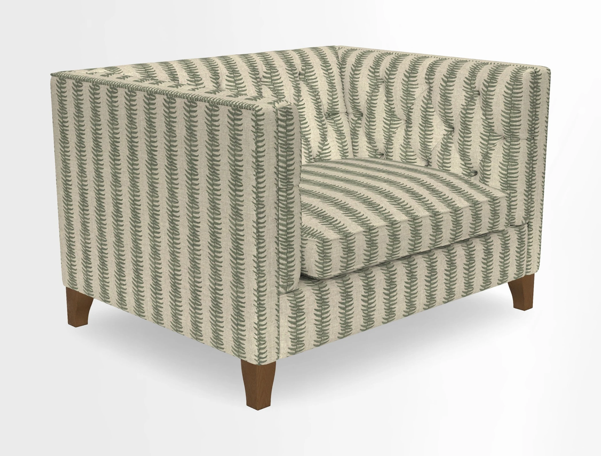 Haresfield Snuggler Dipped Arms in Mohair Lichen Seat Cushion in RHS Gertrude Jekyll Meadow Flower Olive and Scatters in RHS Gertrude Jekyll Folklore Olive