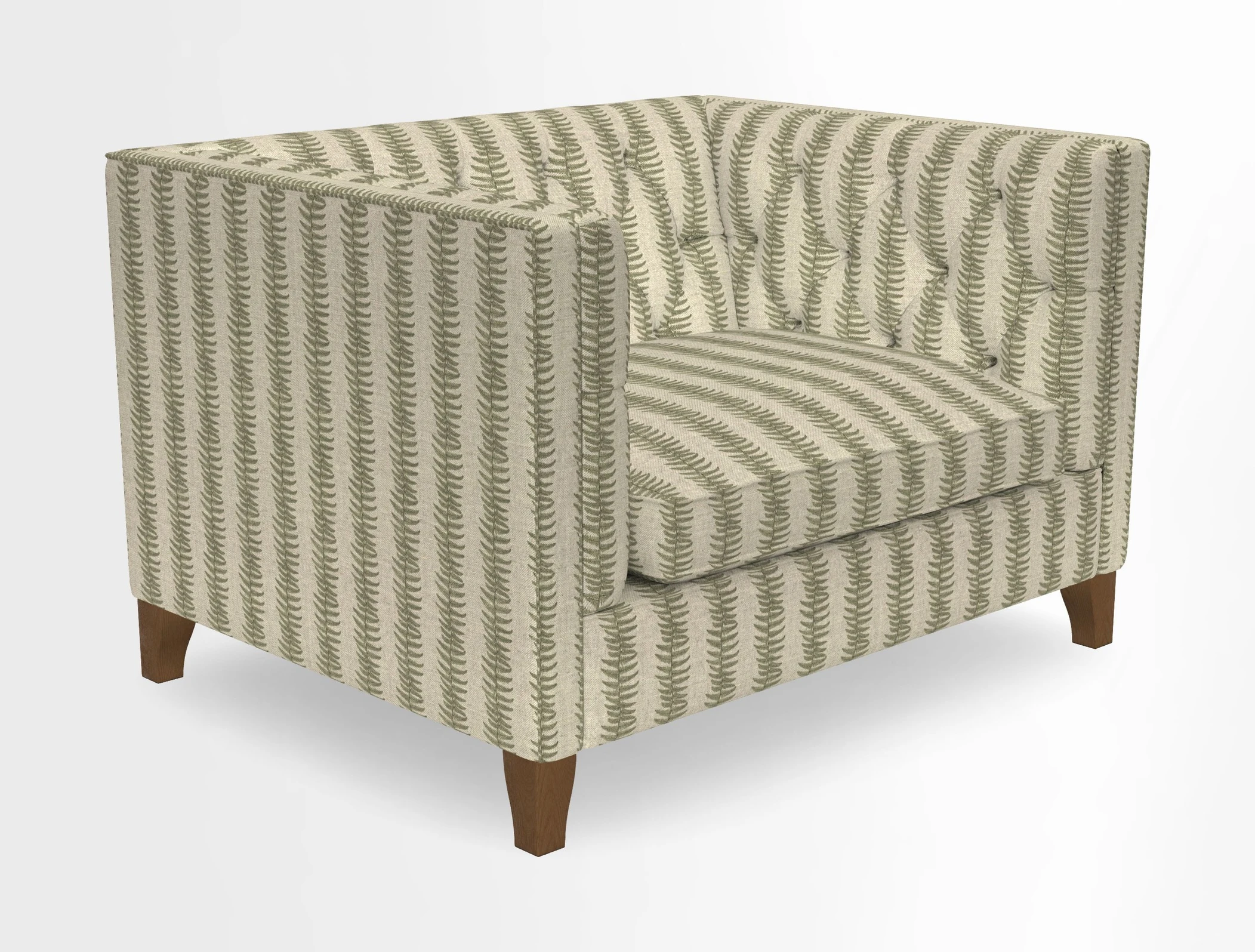 Haresfield Snuggler Dipped Arms in Mohair Lichen Seat Cushion in RHS Gertrude Jekyll Meadow Flower Olive and Scatters in RHS Gertrude Jekyll Folklore Olive