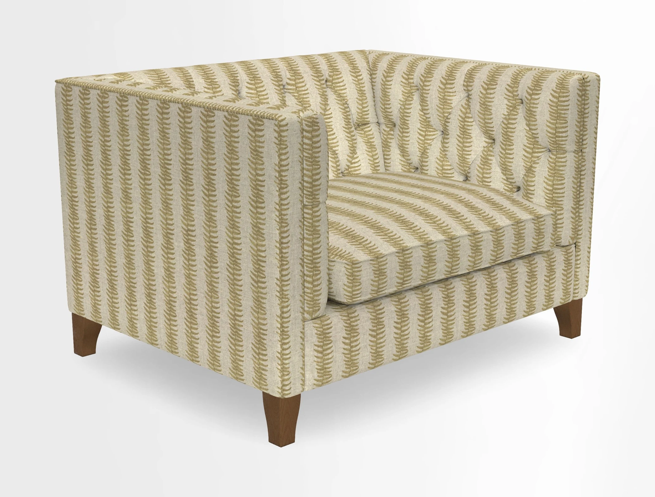 Haresfield Snuggler Dipped Arms in Mohair Lichen Seat Cushion in RHS Gertrude Jekyll Meadow Flower Olive and Scatters in RHS Gertrude Jekyll Folklore Olive