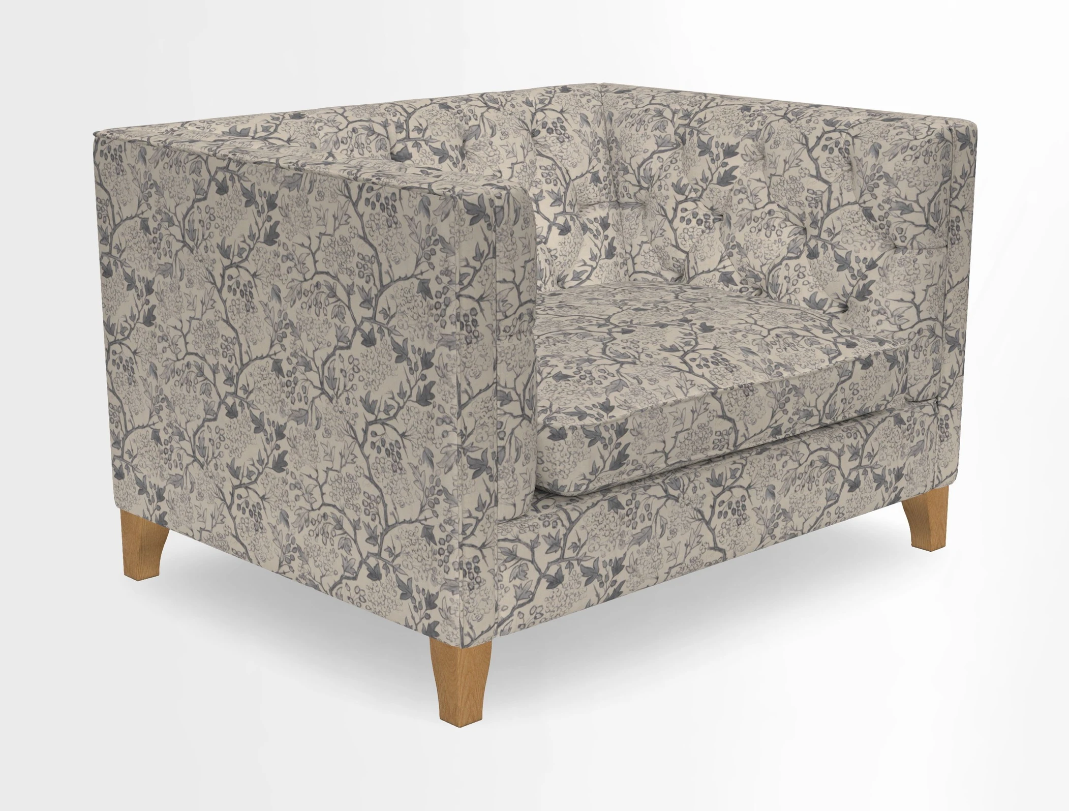 Haresfield Snuggler Dipped Arms in Mohair Lichen Seat Cushion in RHS Gertrude Jekyll Meadow Flower Olive and Scatters in RHS Gertrude Jekyll Folklore Olive