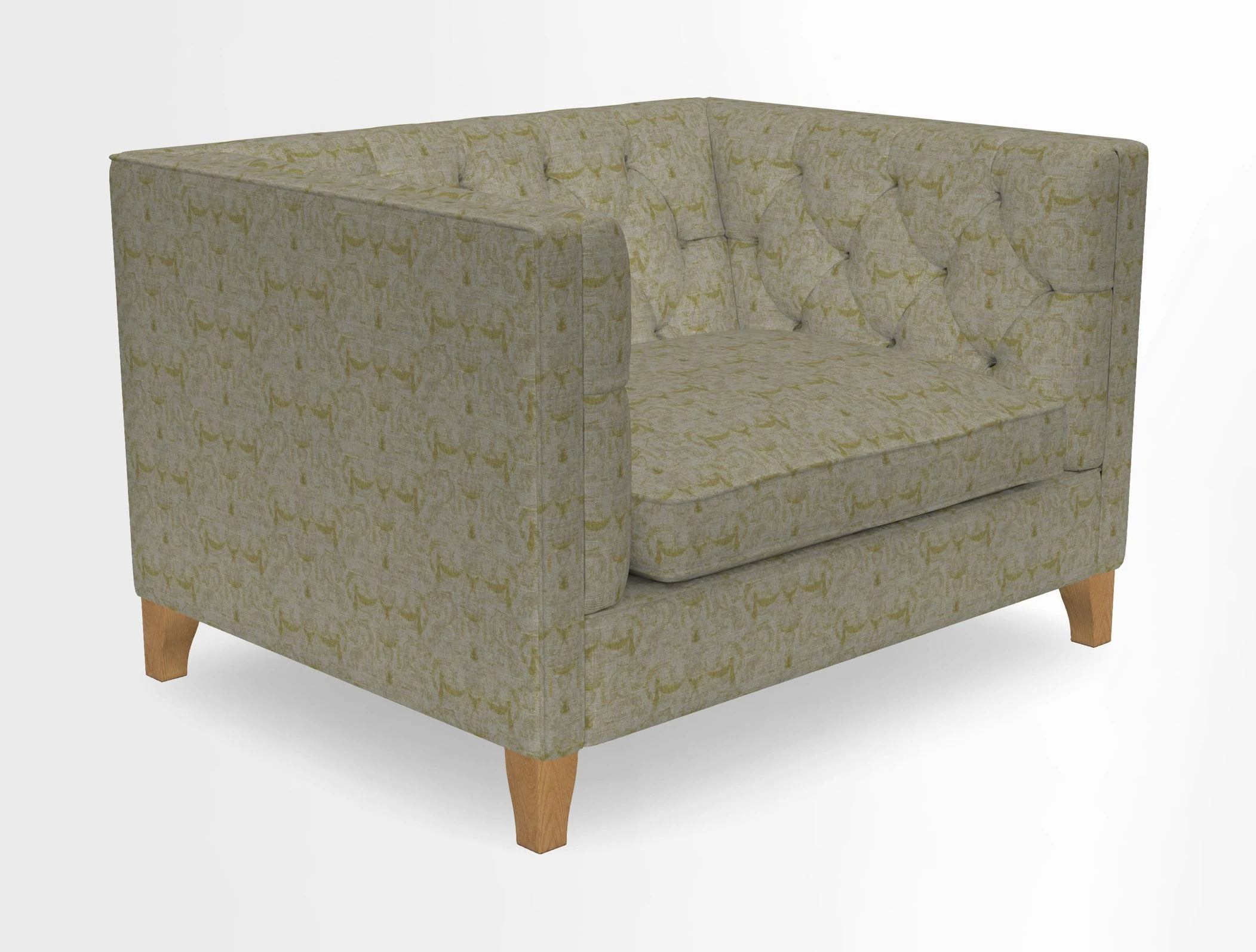 Haresfield Snuggler Dipped Arms in Mohair Lichen Seat Cushion in RHS Gertrude Jekyll Meadow Flower Olive and Scatters in RHS Gertrude Jekyll Folklore Olive