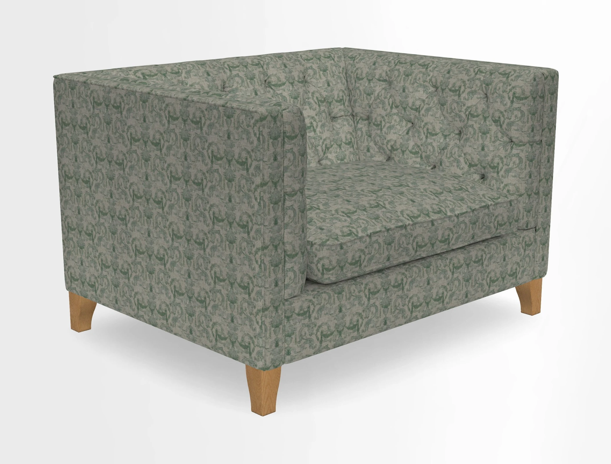Haresfield Snuggler Dipped Arms in Mohair Lichen Seat Cushion in RHS Gertrude Jekyll Meadow Flower Olive and Scatters in RHS Gertrude Jekyll Folklore Olive