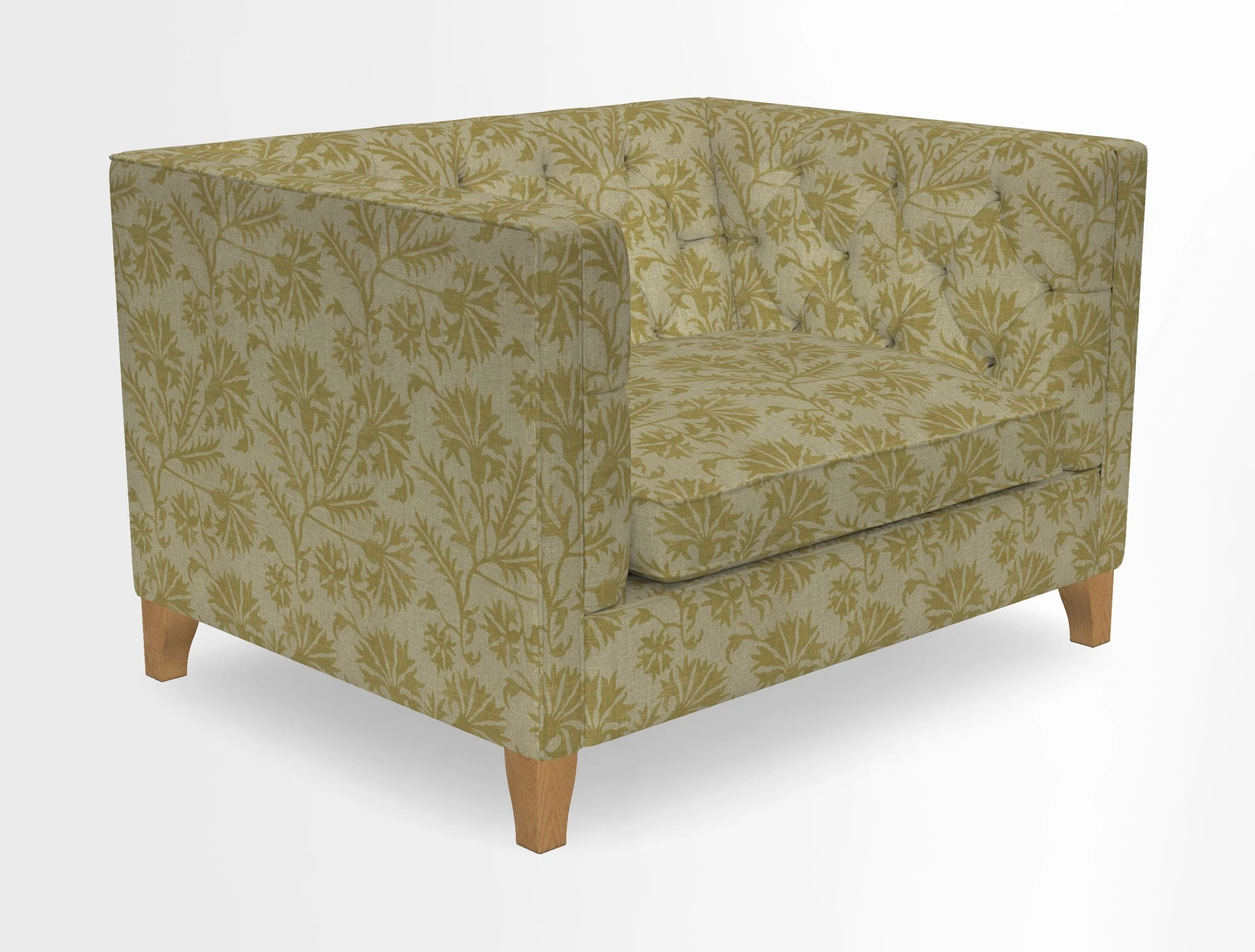 Haresfield Snuggler Dipped Arms in Mohair Lichen Seat Cushion in RHS Gertrude Jekyll Meadow Flower Olive and Scatters in RHS Gertrude Jekyll Folklore Olive