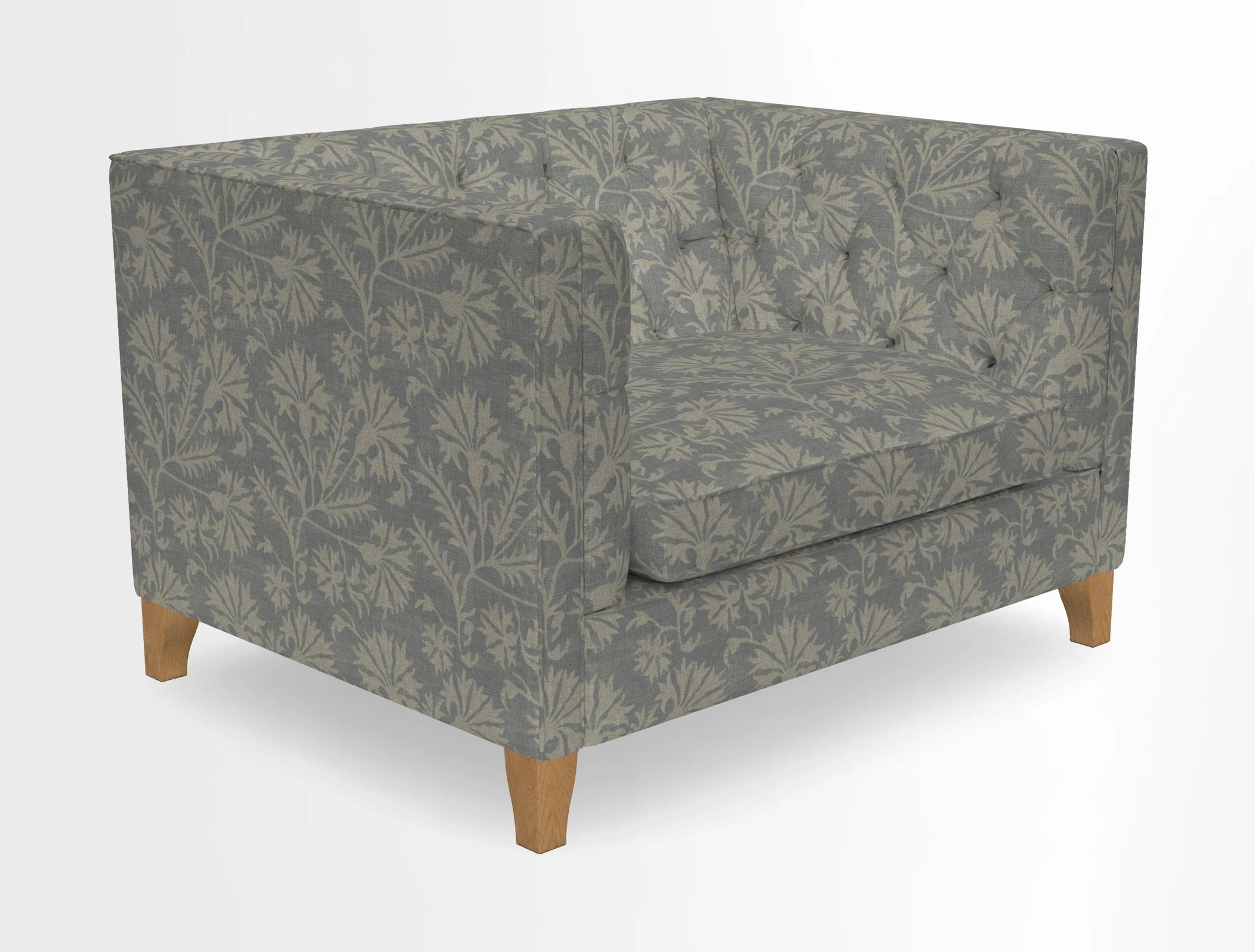 Haresfield Snuggler Dipped Arms in Mohair Lichen Seat Cushion in RHS Gertrude Jekyll Meadow Flower Olive and Scatters in RHS Gertrude Jekyll Folklore Olive