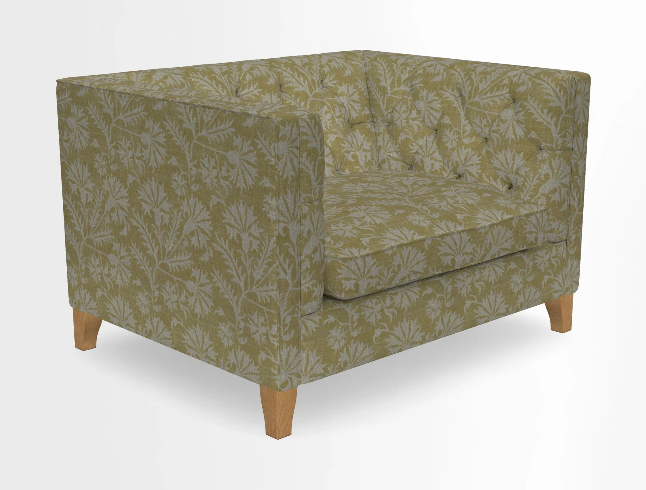 Haresfield Snuggler Dipped Arms in Mohair Lichen Seat Cushion in RHS Gertrude Jekyll Meadow Flower Olive and Scatters in RHS Gertrude Jekyll Folklore Olive