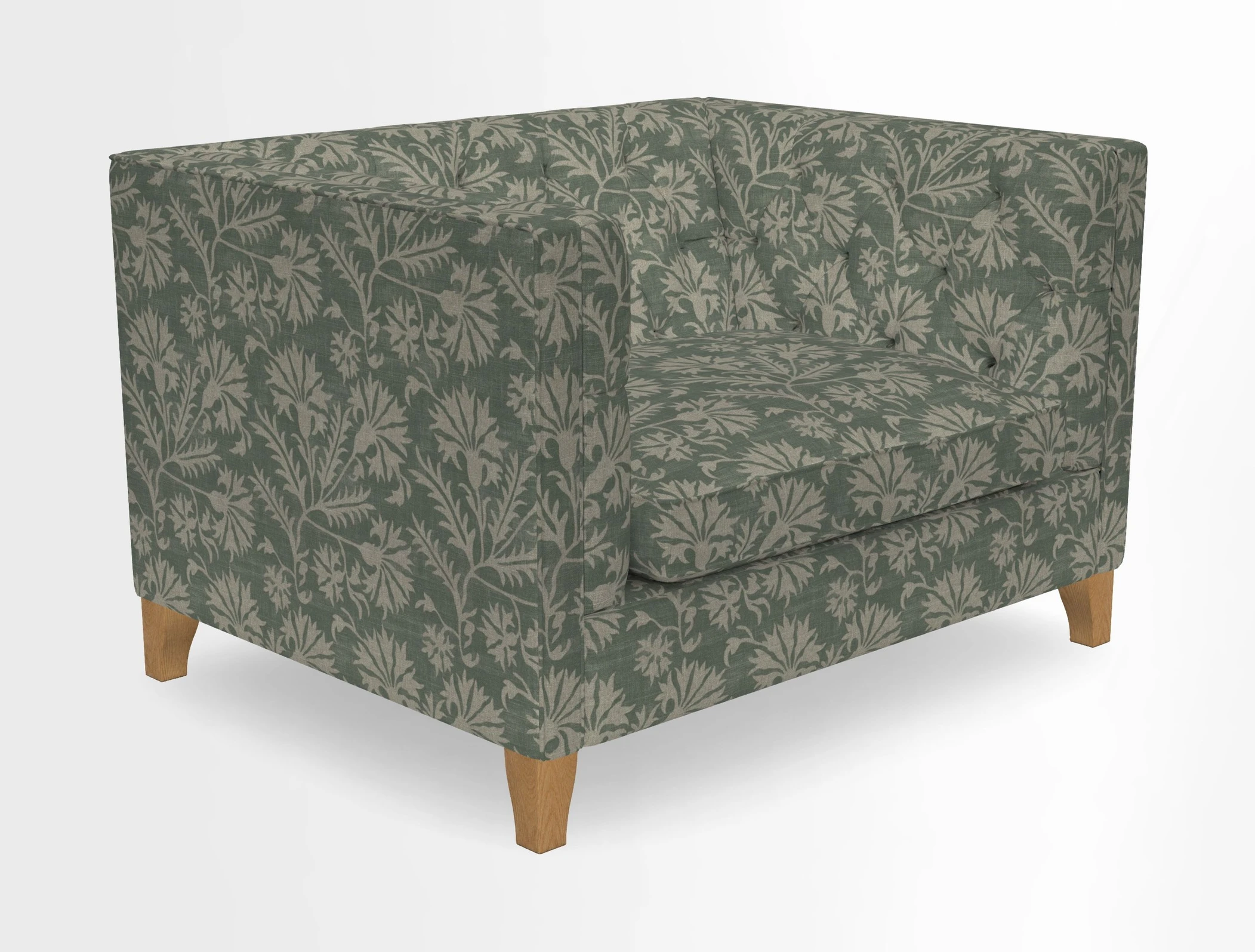 Haresfield Snuggler Dipped Arms in Mohair Lichen Seat Cushion in RHS Gertrude Jekyll Meadow Flower Olive and Scatters in RHS Gertrude Jekyll Folklore Olive