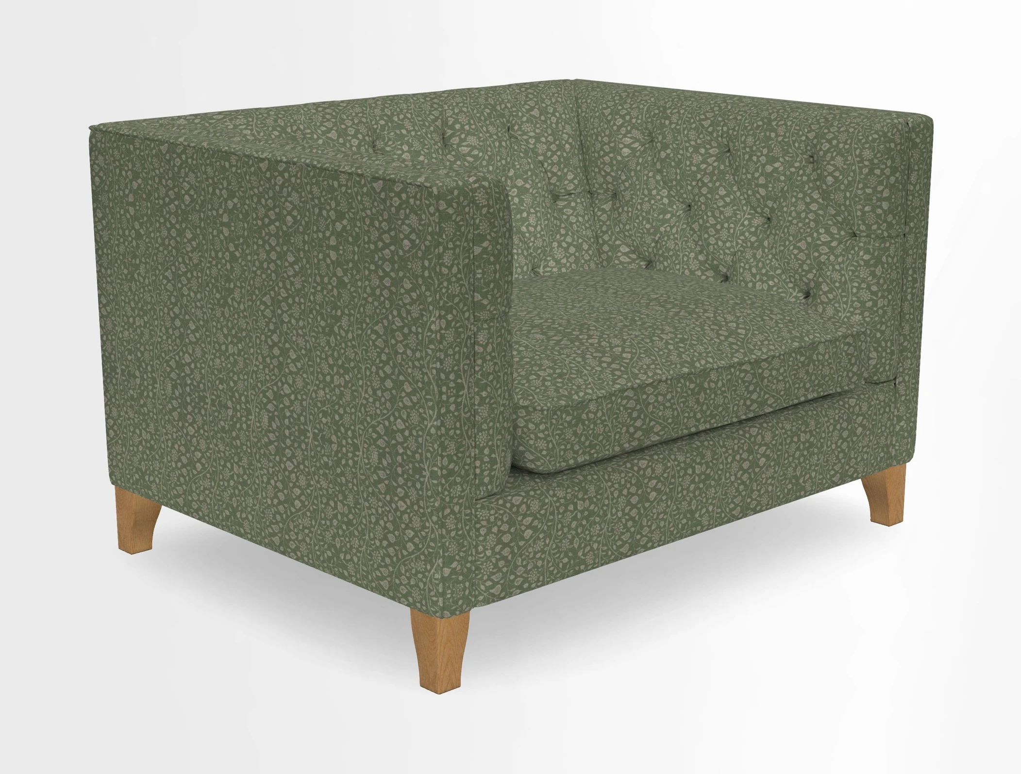 Haresfield Snuggler Dipped Arms in Mohair Lichen Seat Cushion in RHS Gertrude Jekyll Meadow Flower Olive and Scatters in RHS Gertrude Jekyll Folklore Olive