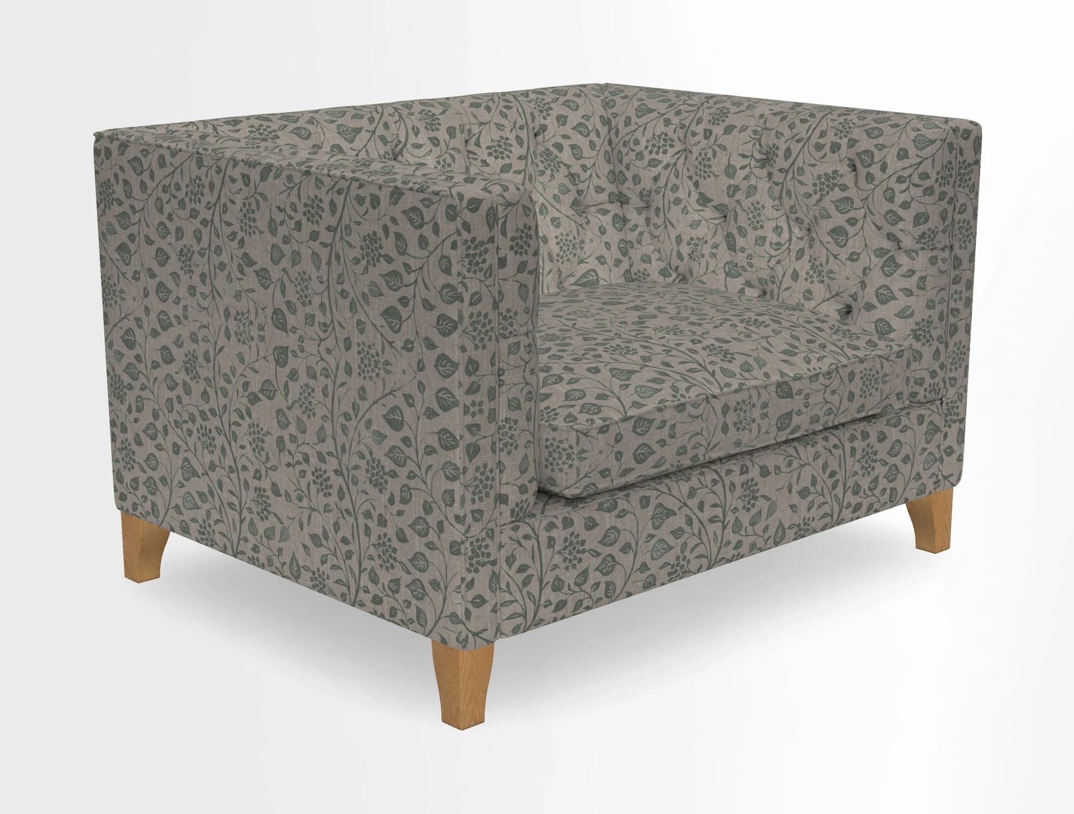 Haresfield Snuggler Dipped Arms in Mohair Lichen Seat Cushion in RHS Gertrude Jekyll Meadow Flower Olive and Scatters in RHS Gertrude Jekyll Folklore Olive