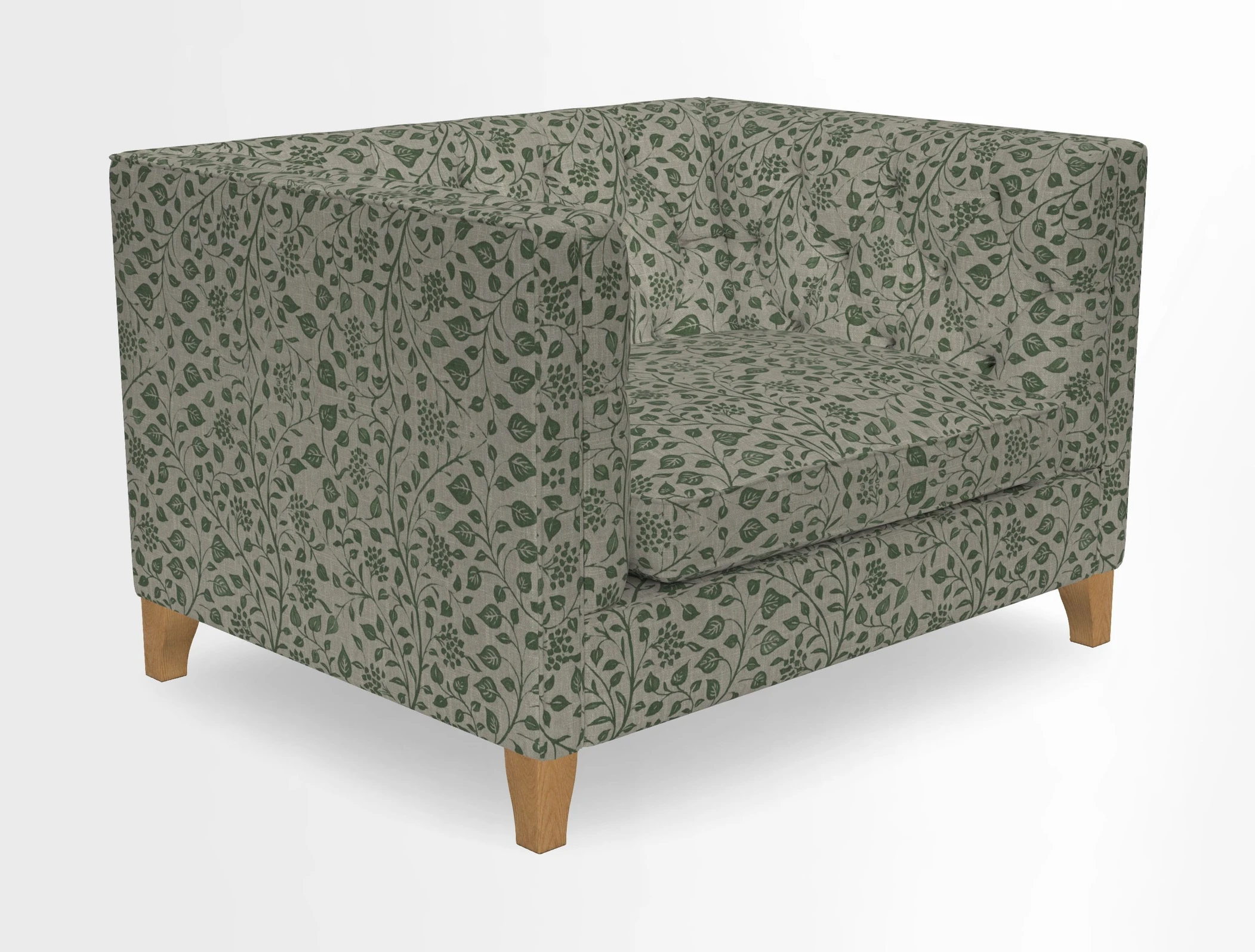 Haresfield Snuggler Dipped Arms in Mohair Lichen Seat Cushion in RHS Gertrude Jekyll Meadow Flower Olive and Scatters in RHS Gertrude Jekyll Folklore Olive