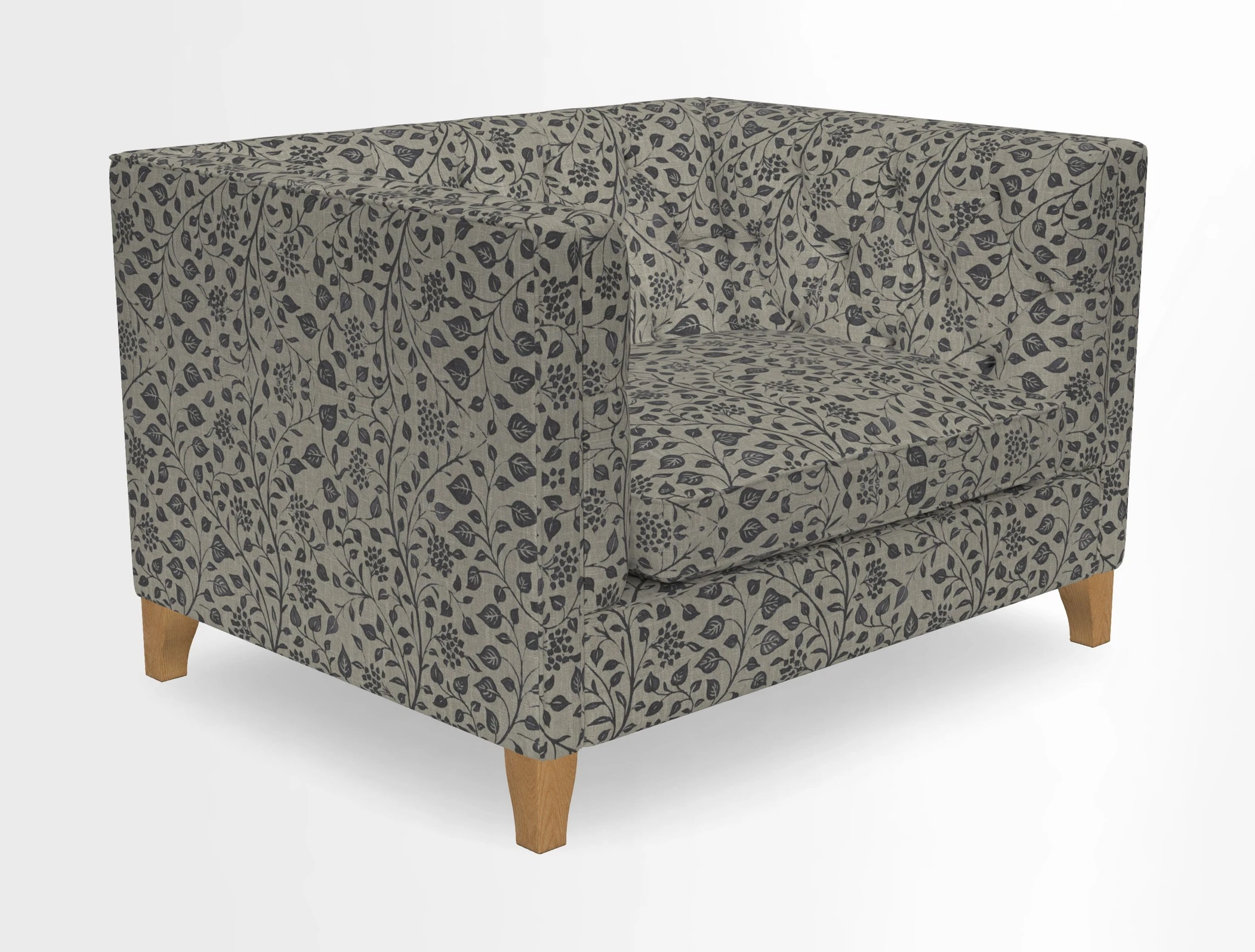 Haresfield Snuggler Dipped Arms in Mohair Lichen Seat Cushion in RHS Gertrude Jekyll Meadow Flower Olive and Scatters in RHS Gertrude Jekyll Folklore Olive