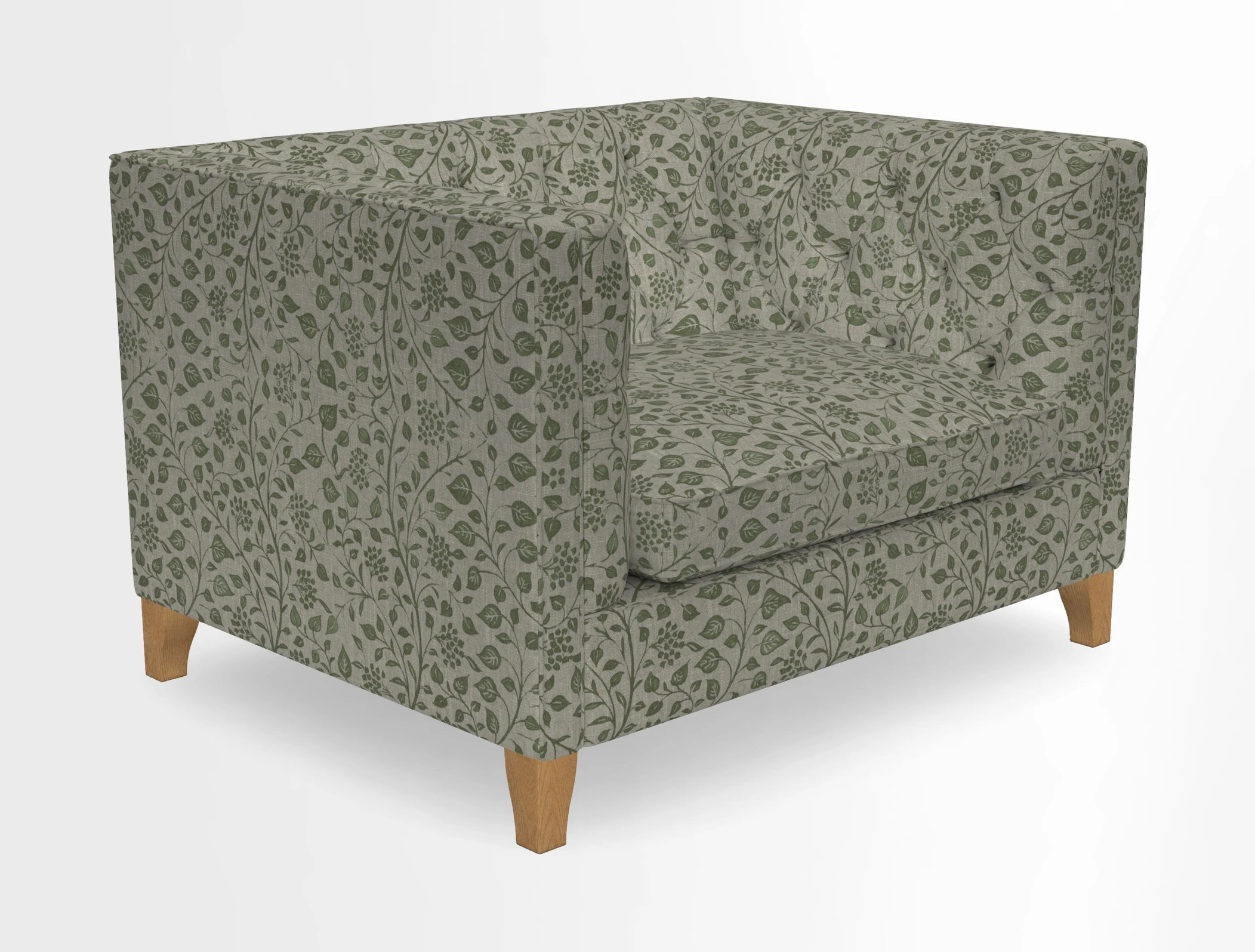 Haresfield Snuggler Dipped Arms in Mohair Lichen Seat Cushion in RHS Gertrude Jekyll Meadow Flower Olive and Scatters in RHS Gertrude Jekyll Folklore Olive