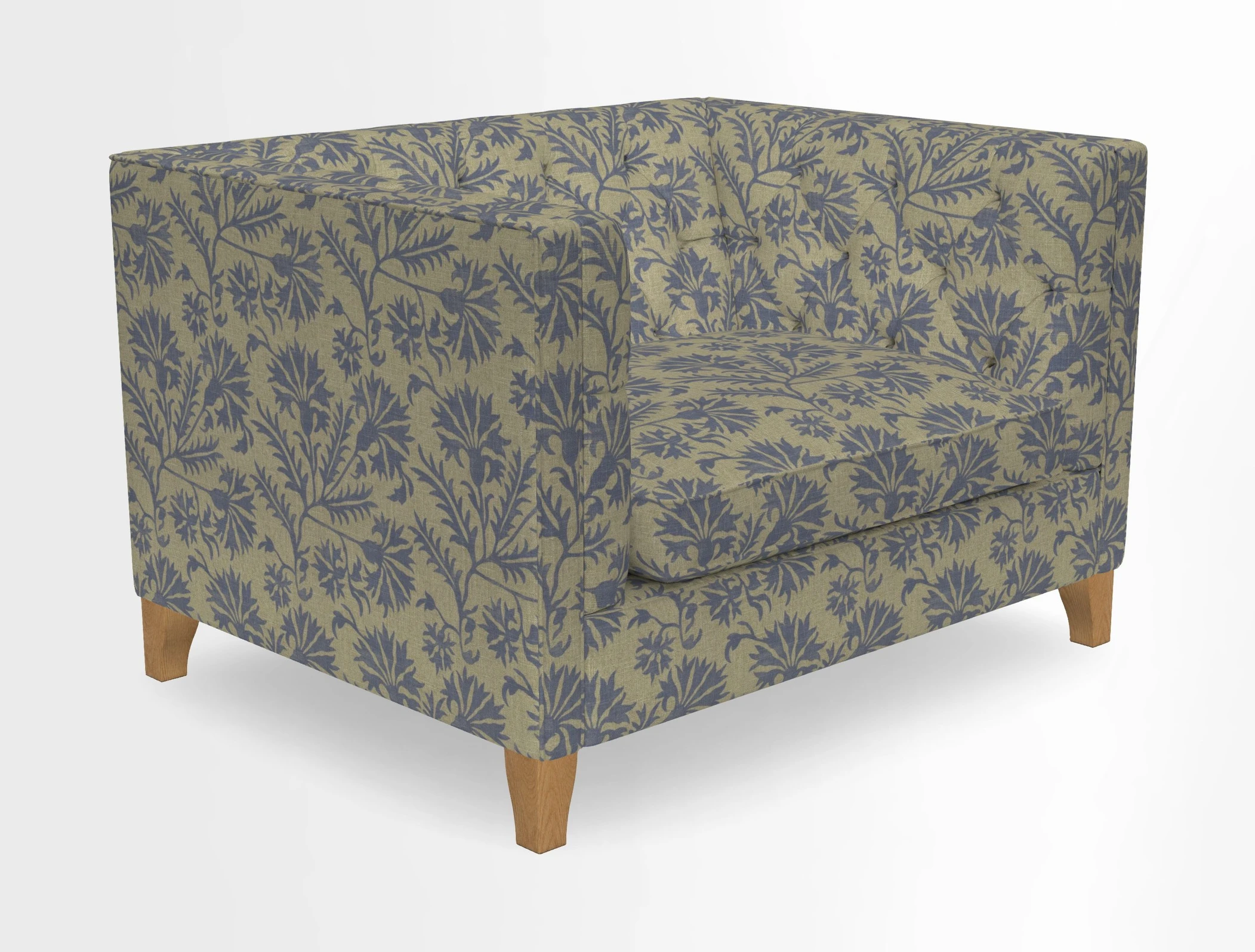 Haresfield Snuggler Dipped Arms in Mohair Lichen Seat Cushion in RHS Gertrude Jekyll Meadow Flower Olive and Scatters in RHS Gertrude Jekyll Folklore Olive