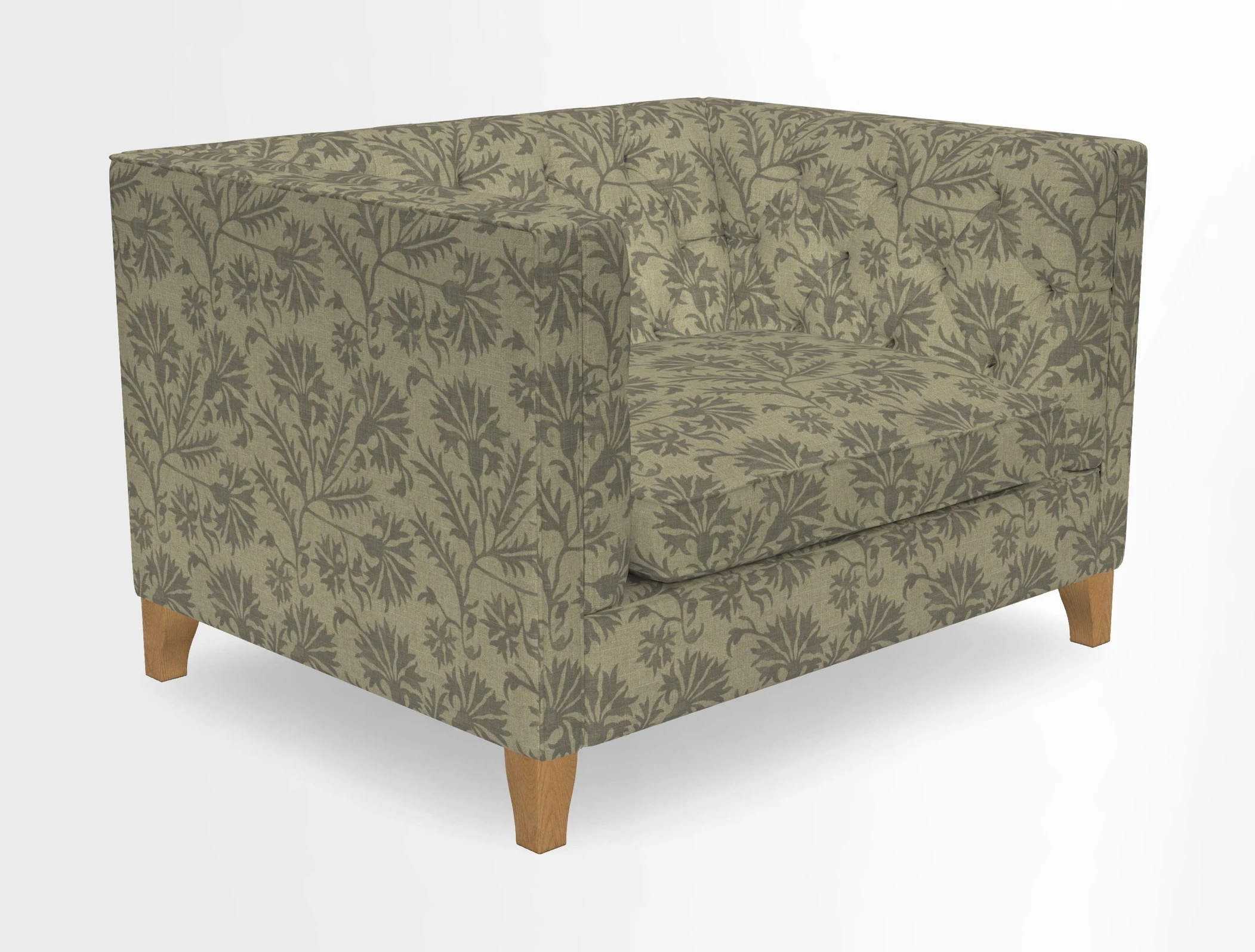 Haresfield Snuggler Dipped Arms in Mohair Lichen Seat Cushion in RHS Gertrude Jekyll Meadow Flower Olive and Scatters in RHS Gertrude Jekyll Folklore Olive