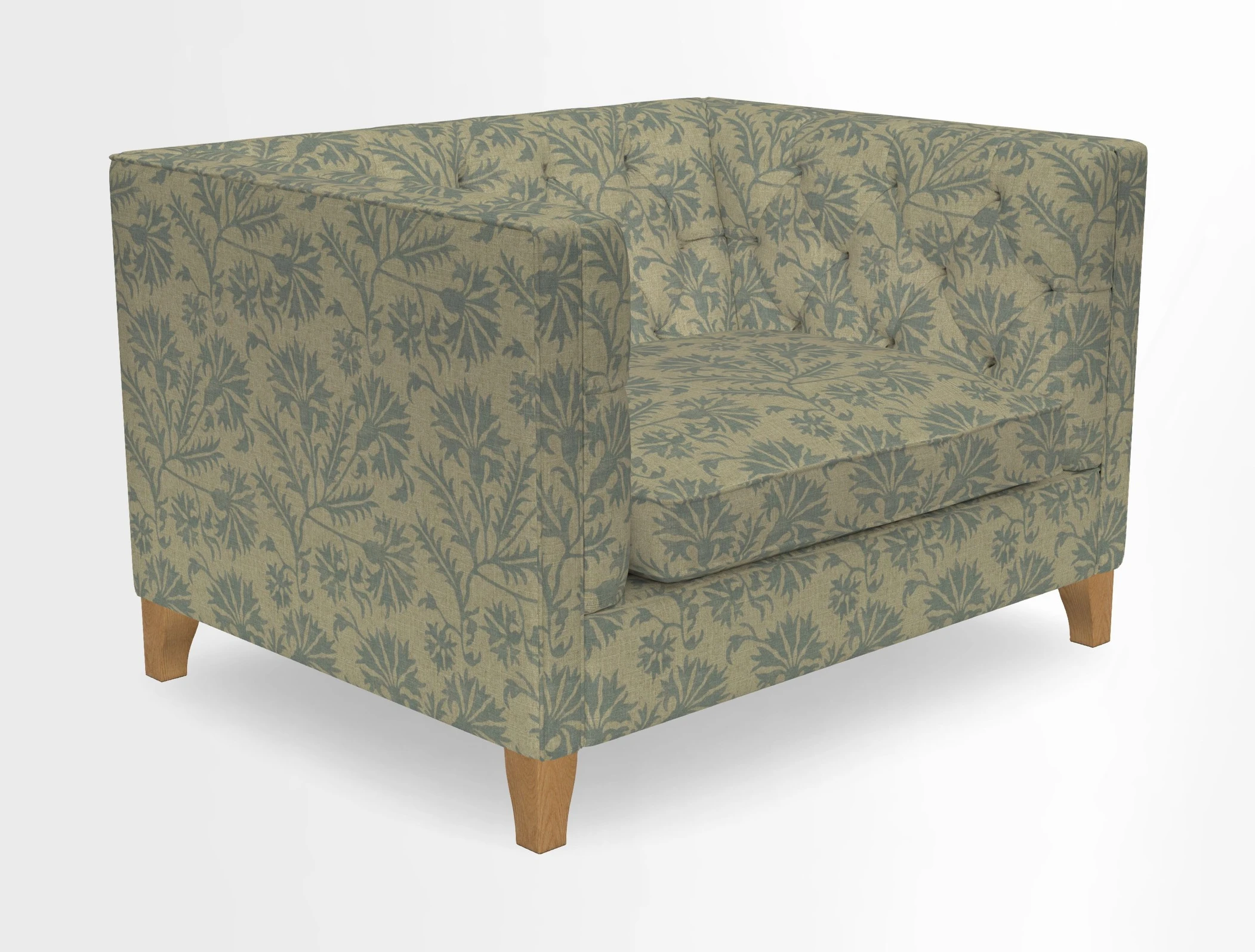 Haresfield Snuggler Dipped Arms in Mohair Lichen Seat Cushion in RHS Gertrude Jekyll Meadow Flower Olive and Scatters in RHS Gertrude Jekyll Folklore Olive
