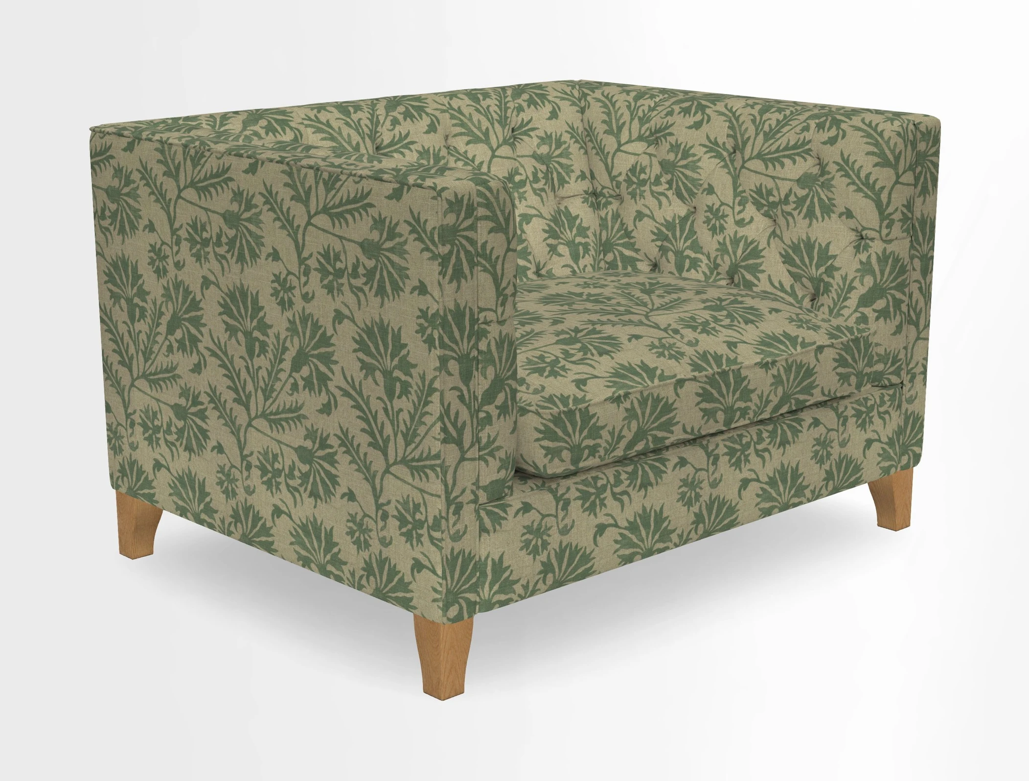 Haresfield Snuggler Dipped Arms in Mohair Lichen Seat Cushion in RHS Gertrude Jekyll Meadow Flower Olive and Scatters in RHS Gertrude Jekyll Folklore Olive