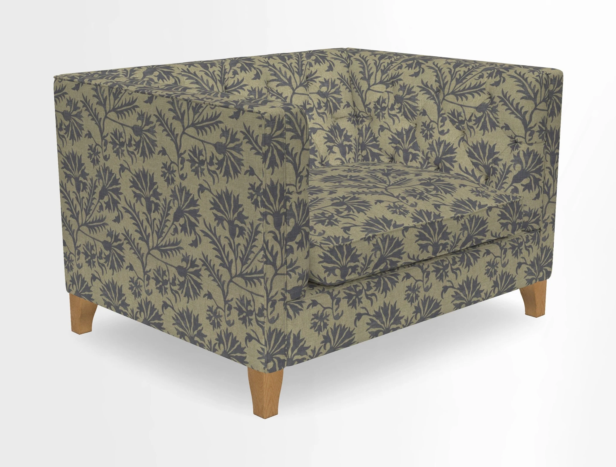 Haresfield Snuggler Dipped Arms in Mohair Lichen Seat Cushion in RHS Gertrude Jekyll Meadow Flower Olive and Scatters in RHS Gertrude Jekyll Folklore Olive