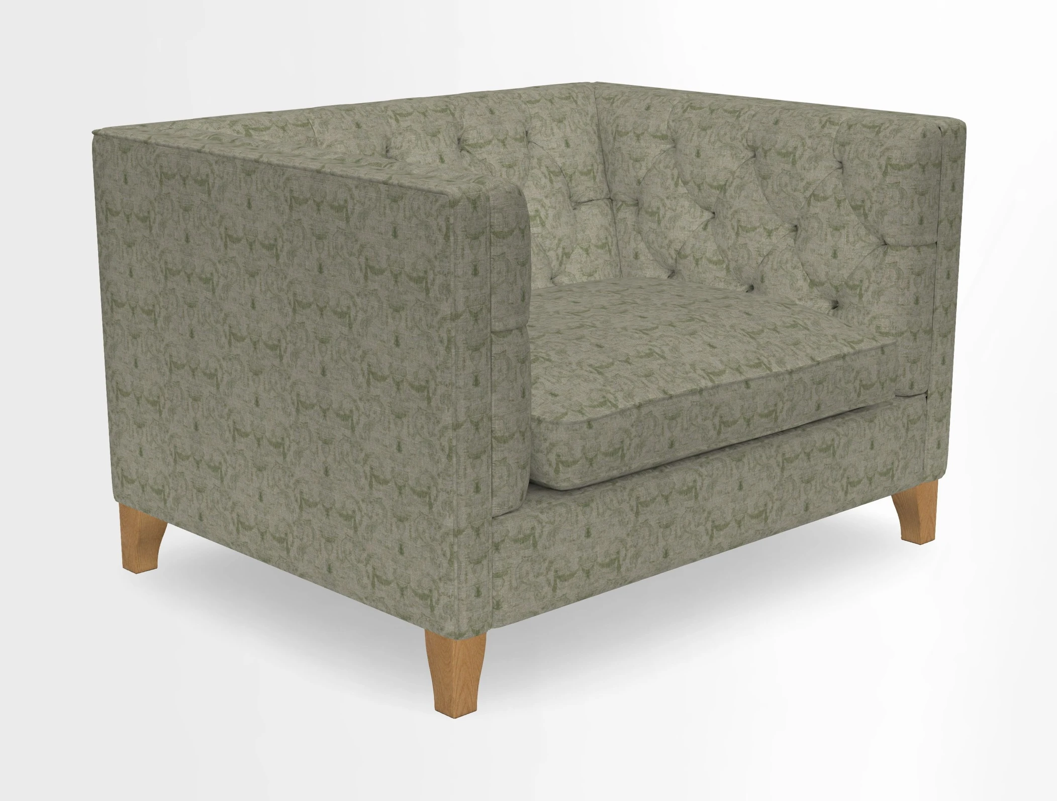 Haresfield Snuggler Dipped Arms in Mohair Lichen Seat Cushion in RHS Gertrude Jekyll Meadow Flower Olive and Scatters in RHS Gertrude Jekyll Folklore Olive