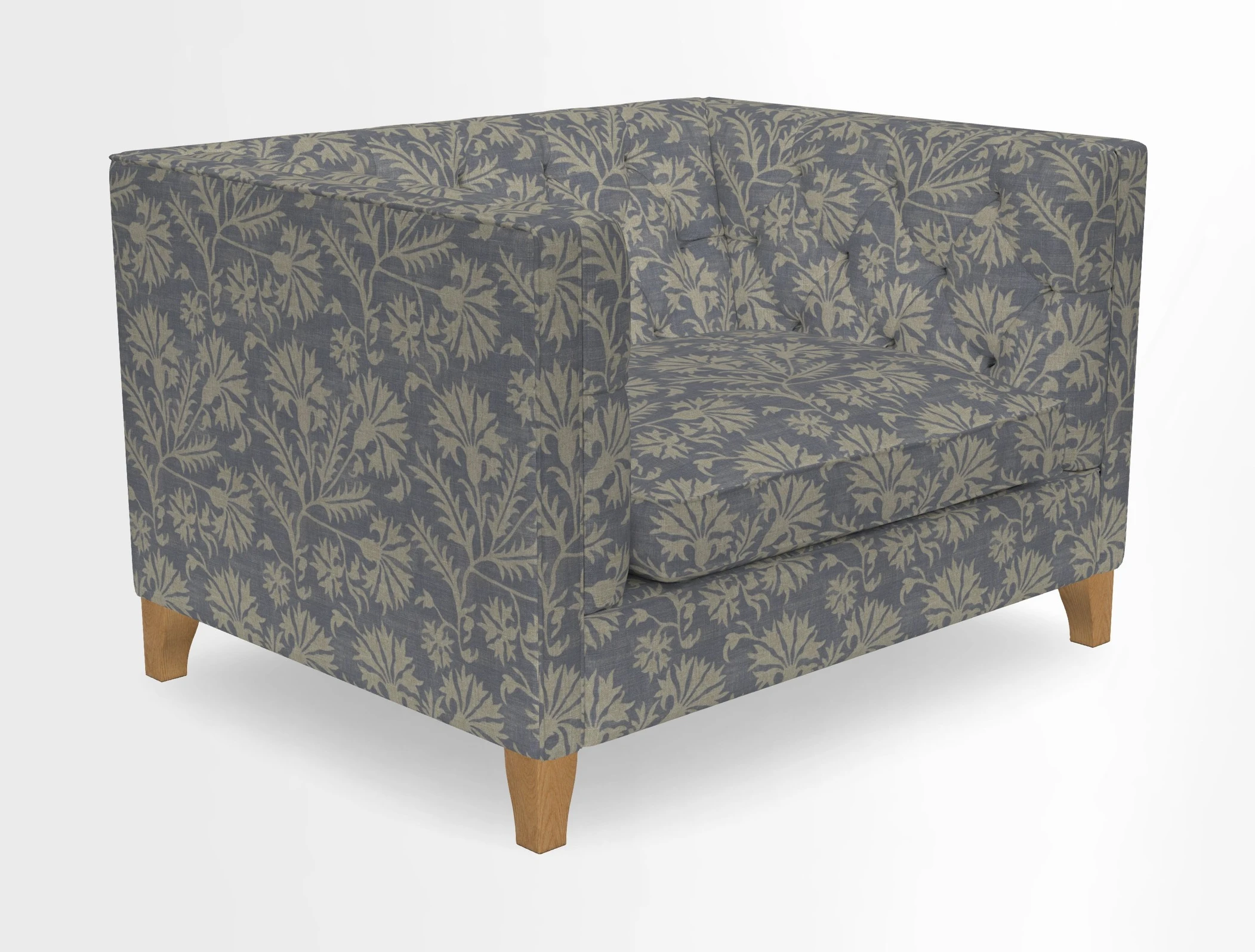 Haresfield Snuggler Dipped Arms in Mohair Lichen Seat Cushion in RHS Gertrude Jekyll Meadow Flower Olive and Scatters in RHS Gertrude Jekyll Folklore Olive