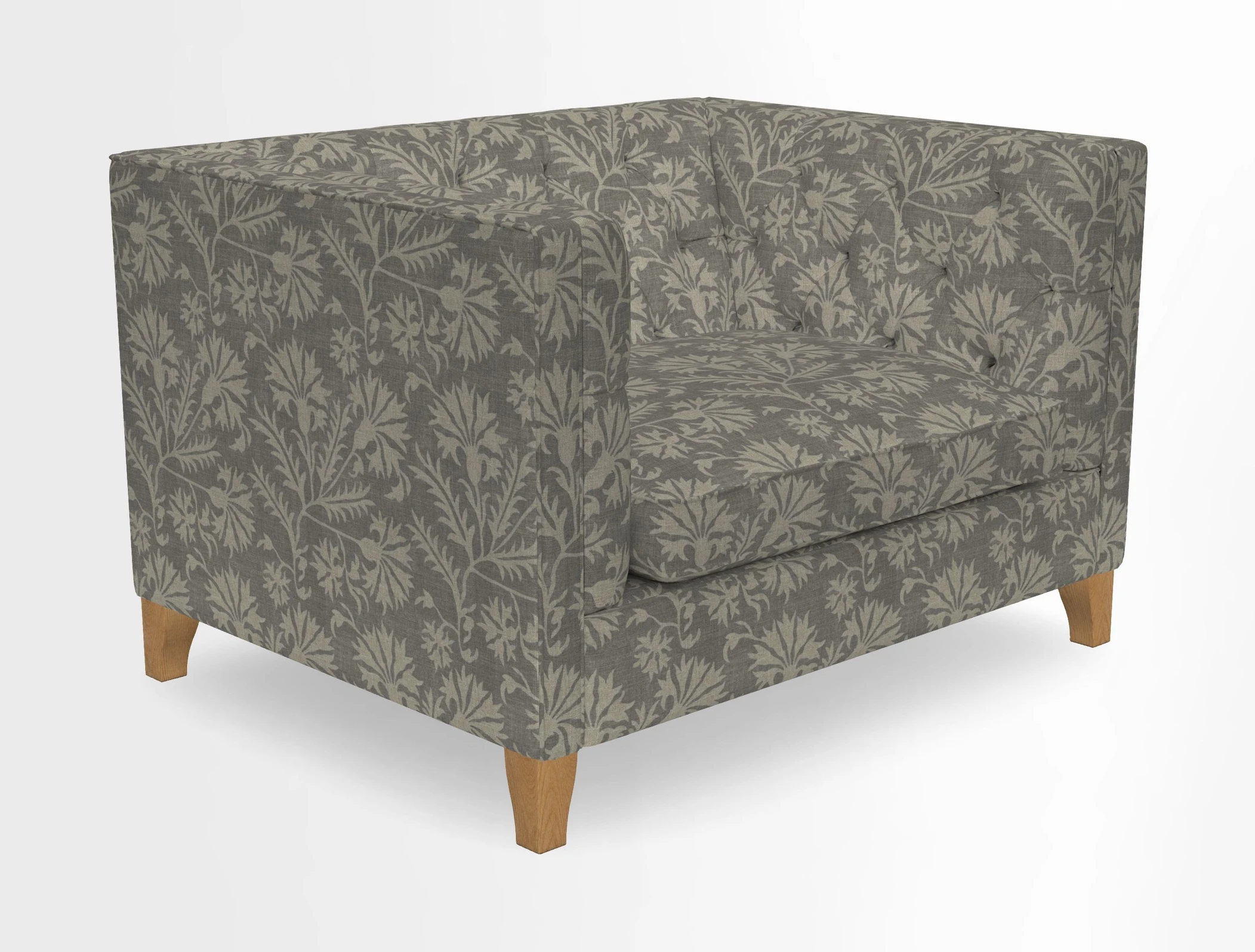 Haresfield Snuggler Dipped Arms in Mohair Lichen Seat Cushion in RHS Gertrude Jekyll Meadow Flower Olive and Scatters in RHS Gertrude Jekyll Folklore Olive