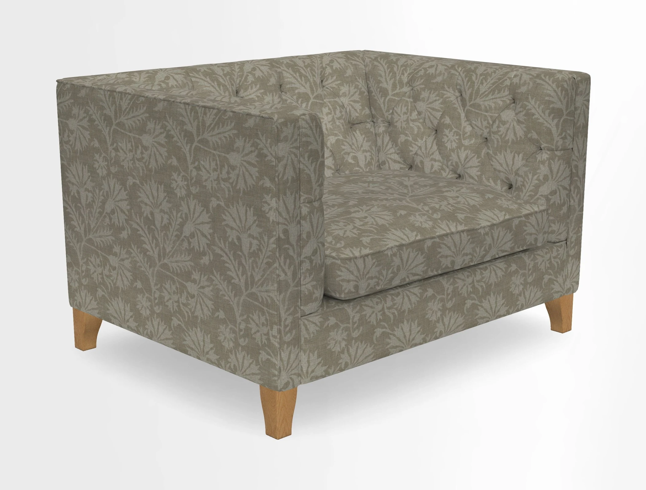 Haresfield Snuggler Dipped Arms in Mohair Lichen Seat Cushion in RHS Gertrude Jekyll Meadow Flower Olive and Scatters in RHS Gertrude Jekyll Folklore Olive