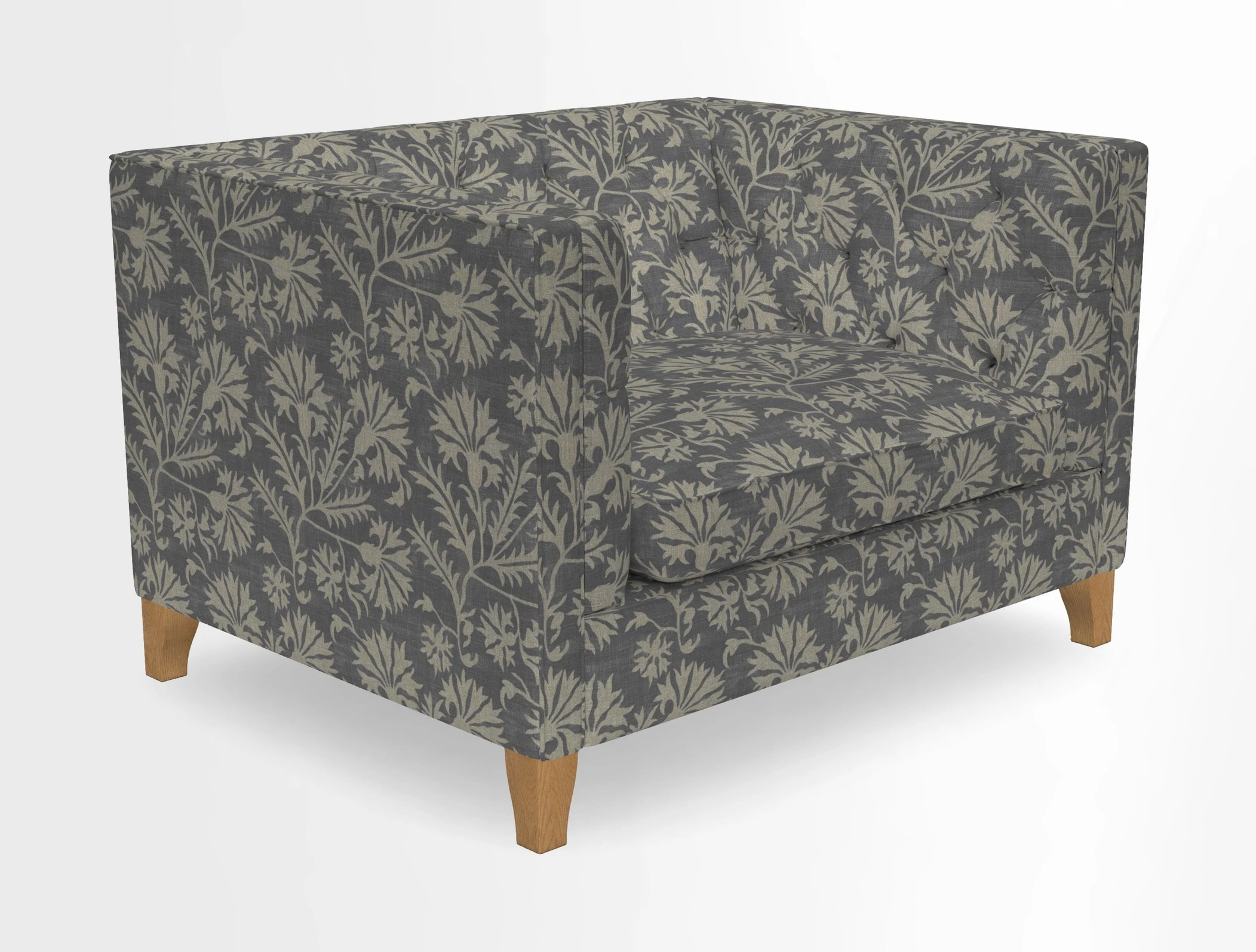 Haresfield Snuggler Dipped Arms in Mohair Lichen Seat Cushion in RHS Gertrude Jekyll Meadow Flower Olive and Scatters in RHS Gertrude Jekyll Folklore Olive