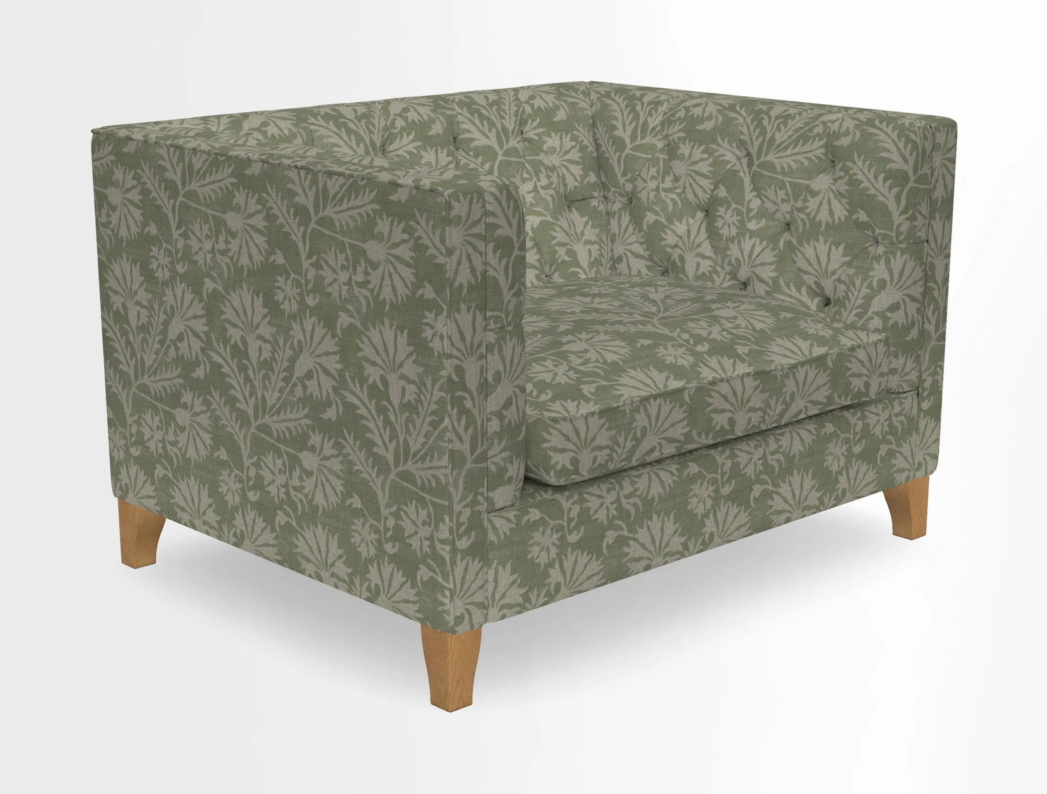 Haresfield Snuggler Dipped Arms in Mohair Lichen Seat Cushion in RHS Gertrude Jekyll Meadow Flower Olive and Scatters in RHS Gertrude Jekyll Folklore Olive