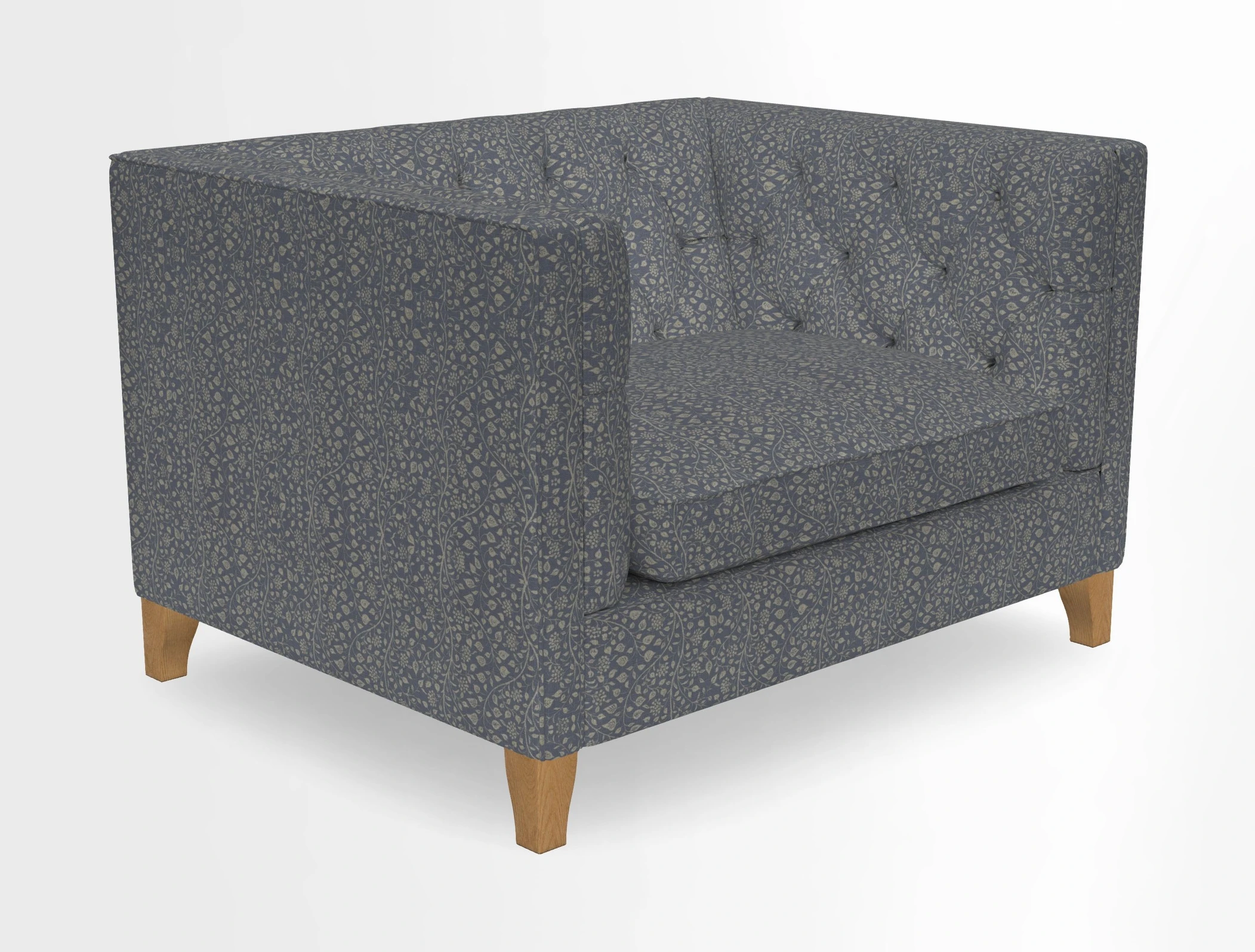 Haresfield Snuggler Dipped Arms in Mohair Lichen Seat Cushion in RHS Gertrude Jekyll Meadow Flower Olive and Scatters in RHS Gertrude Jekyll Folklore Olive