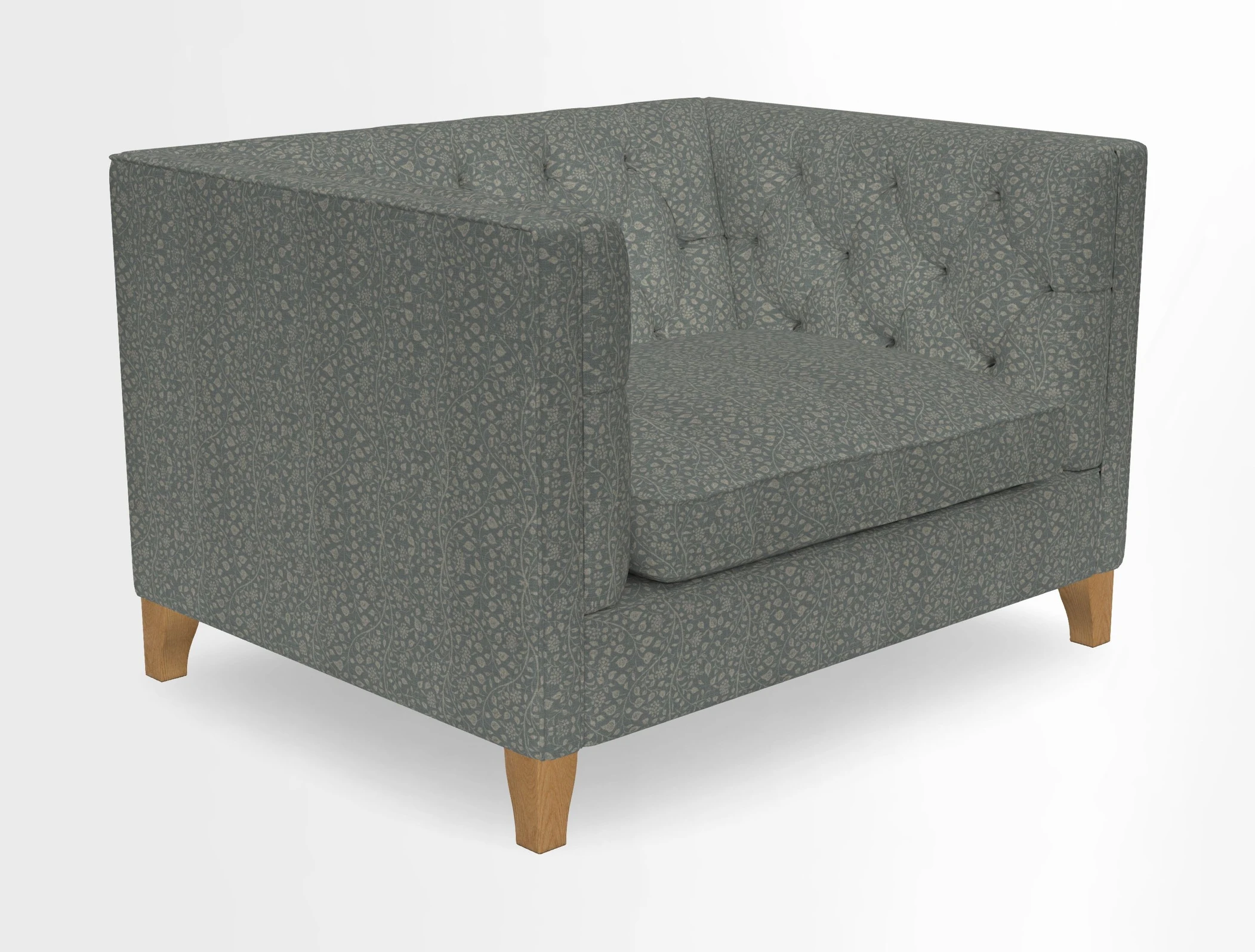 Haresfield Snuggler Dipped Arms in Mohair Lichen Seat Cushion in RHS Gertrude Jekyll Meadow Flower Olive and Scatters in RHS Gertrude Jekyll Folklore Olive
