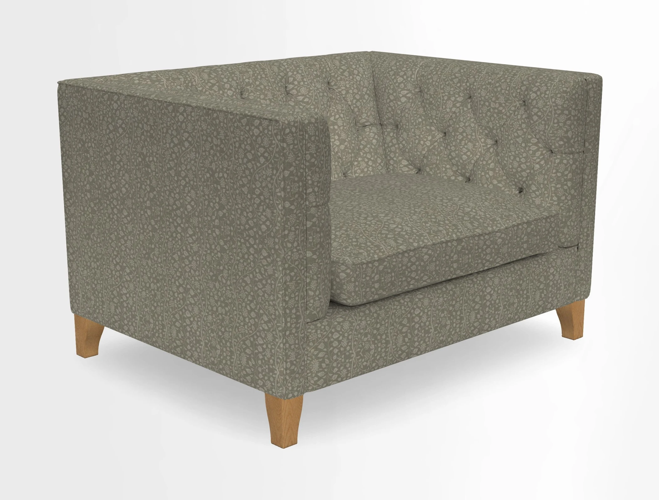 Haresfield Snuggler Dipped Arms in Mohair Lichen Seat Cushion in RHS Gertrude Jekyll Meadow Flower Olive and Scatters in RHS Gertrude Jekyll Folklore Olive
