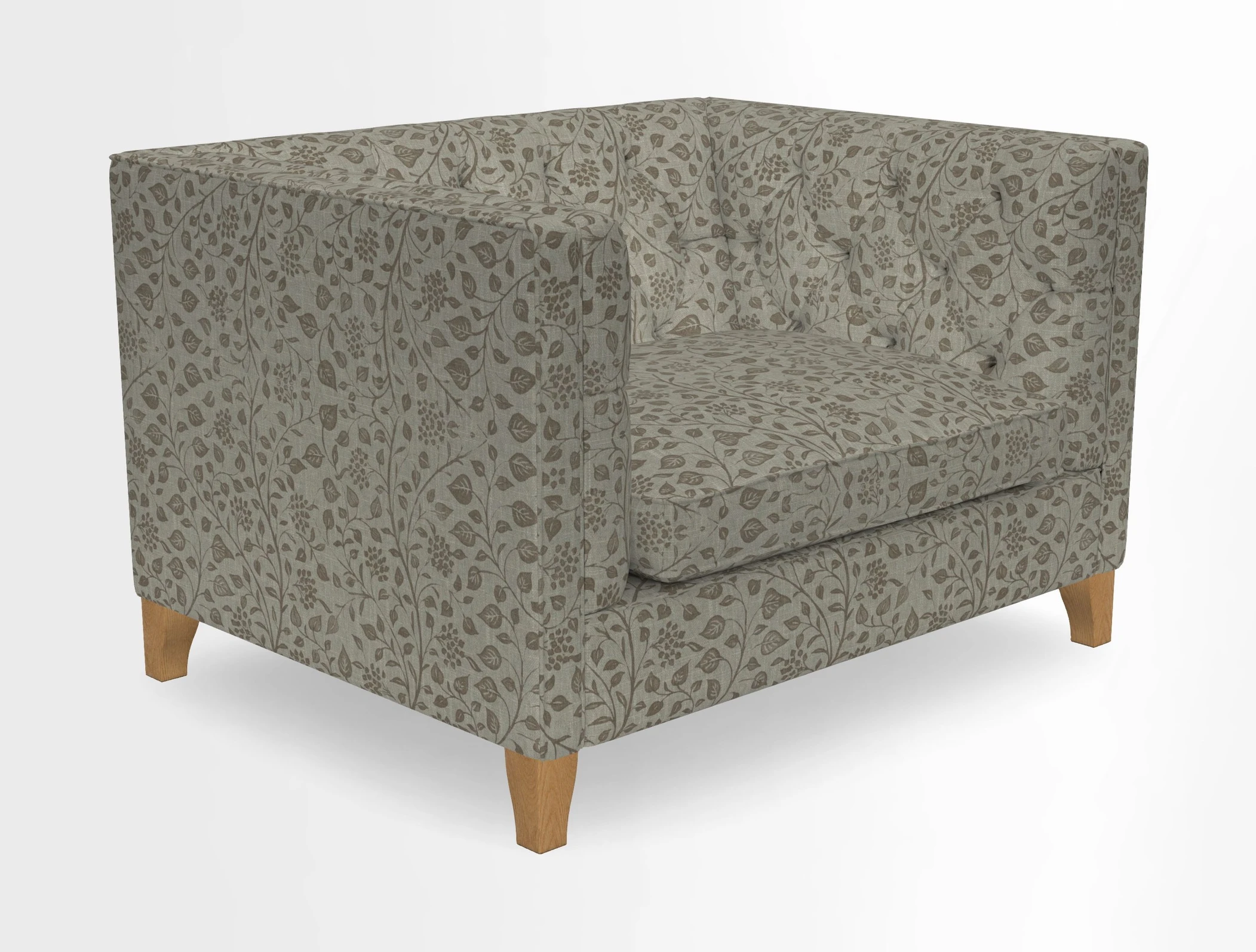Haresfield Snuggler Dipped Arms in Mohair Lichen Seat Cushion in RHS Gertrude Jekyll Meadow Flower Olive and Scatters in RHS Gertrude Jekyll Folklore Olive