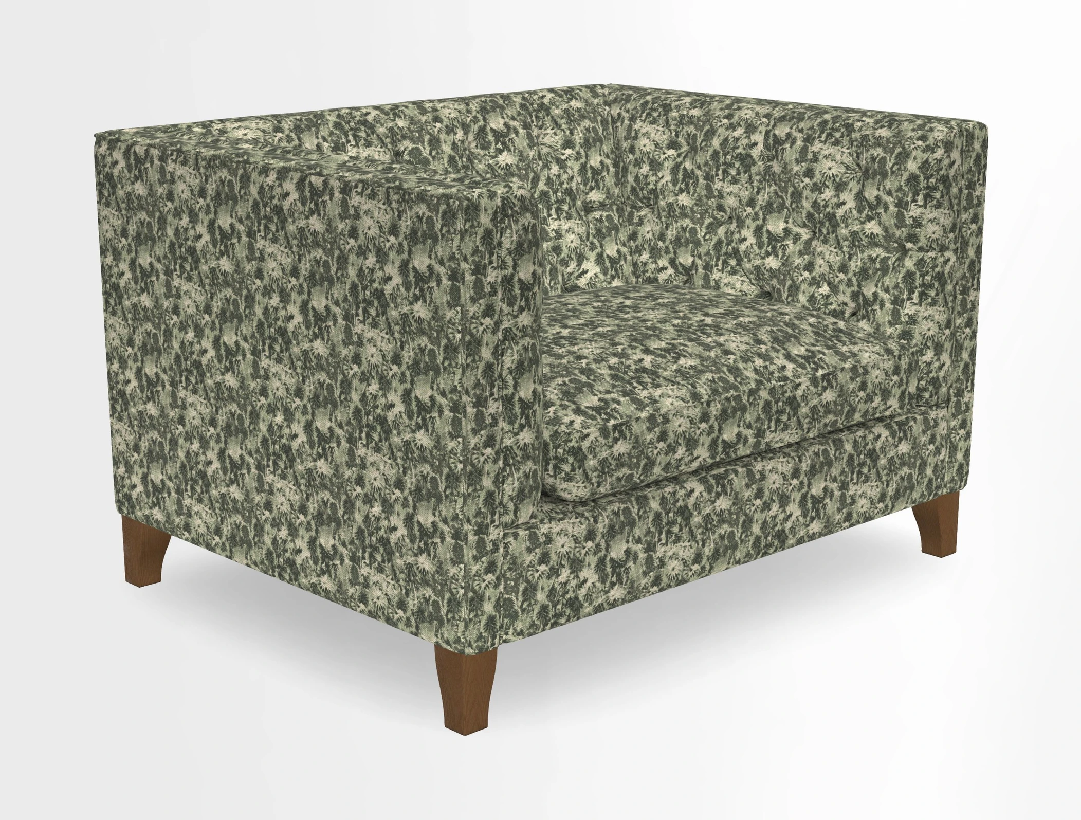 Haresfield Snuggler Dipped Arms in Mohair Lichen Seat Cushion in RHS Gertrude Jekyll Meadow Flower Olive and Scatters in RHS Gertrude Jekyll Folklore Olive