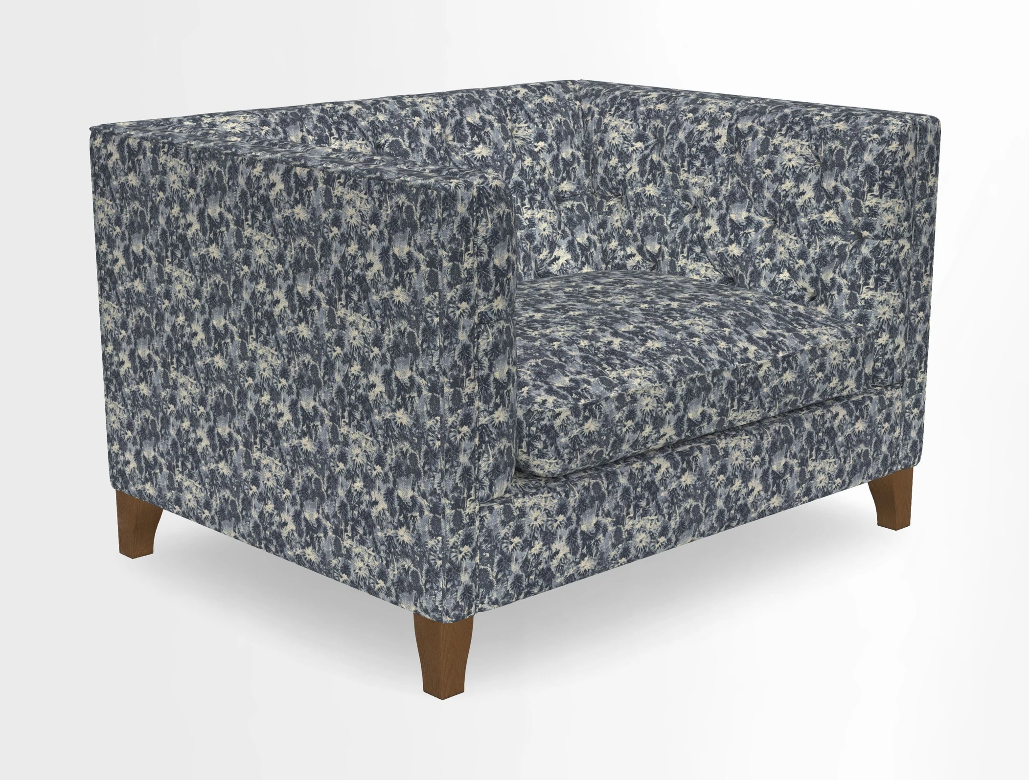 Haresfield Snuggler Dipped Arms in Mohair Lichen Seat Cushion in RHS Gertrude Jekyll Meadow Flower Olive and Scatters in RHS Gertrude Jekyll Folklore Olive