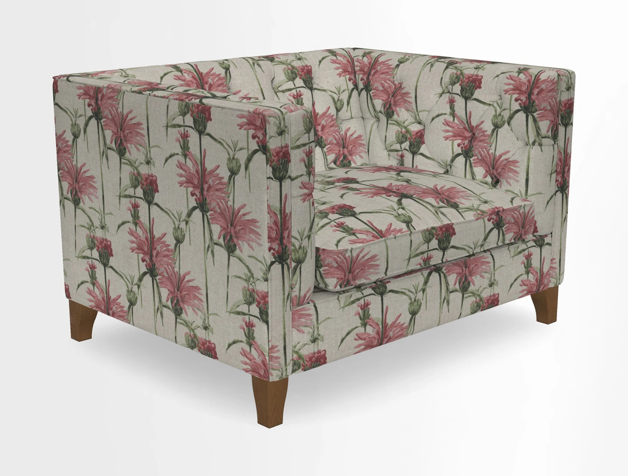 Haresfield Snuggler Dipped Arms in Mohair Lichen Seat Cushion in RHS Gertrude Jekyll Meadow Flower Olive and Scatters in RHS Gertrude Jekyll Folklore Olive