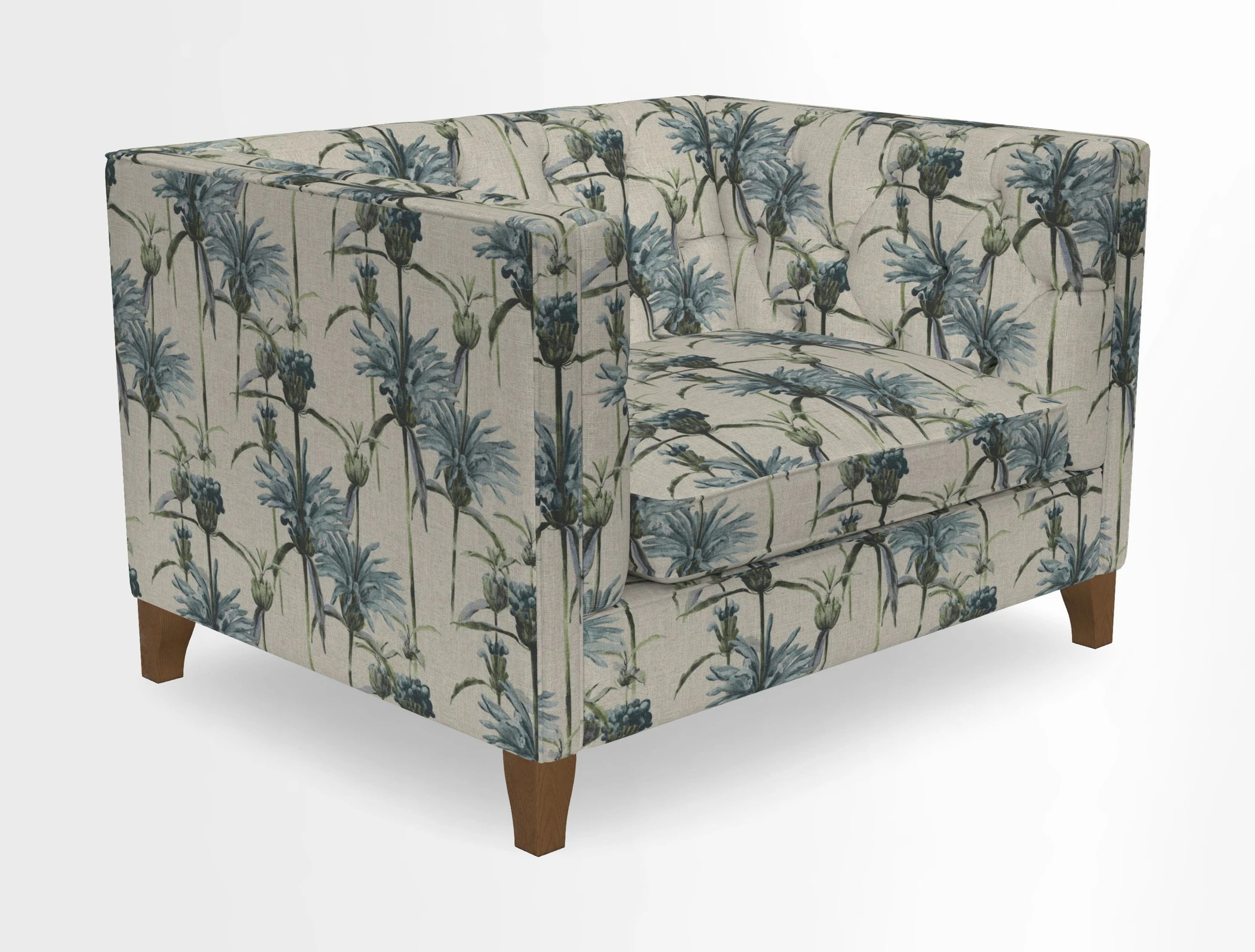 Haresfield Snuggler Dipped Arms in Mohair Lichen Seat Cushion in RHS Gertrude Jekyll Meadow Flower Olive and Scatters in RHS Gertrude Jekyll Folklore Olive