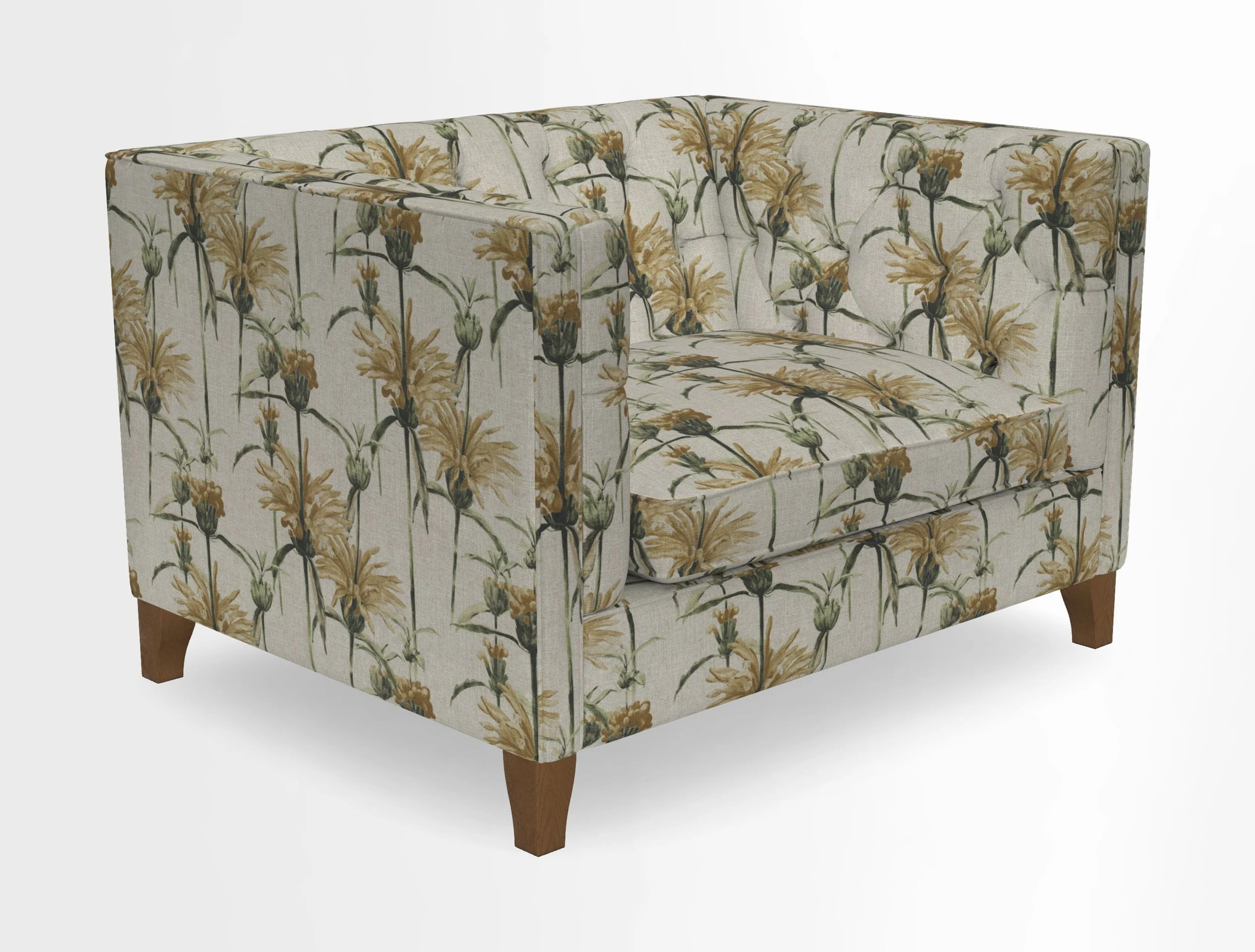 Haresfield Snuggler Dipped Arms in Mohair Lichen Seat Cushion in RHS Gertrude Jekyll Meadow Flower Olive and Scatters in RHS Gertrude Jekyll Folklore Olive