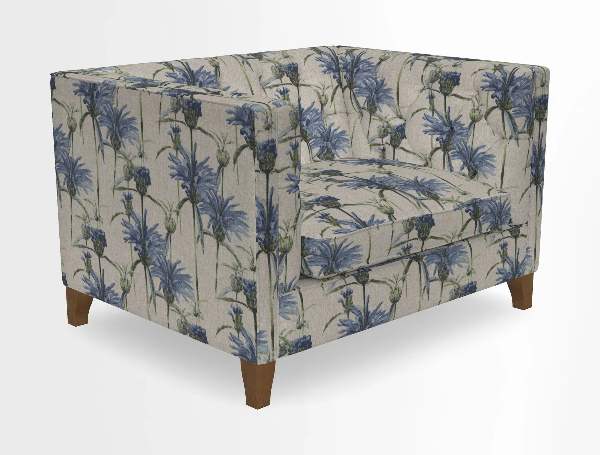 Haresfield Snuggler Dipped Arms in Mohair Lichen Seat Cushion in RHS Gertrude Jekyll Meadow Flower Olive and Scatters in RHS Gertrude Jekyll Folklore Olive