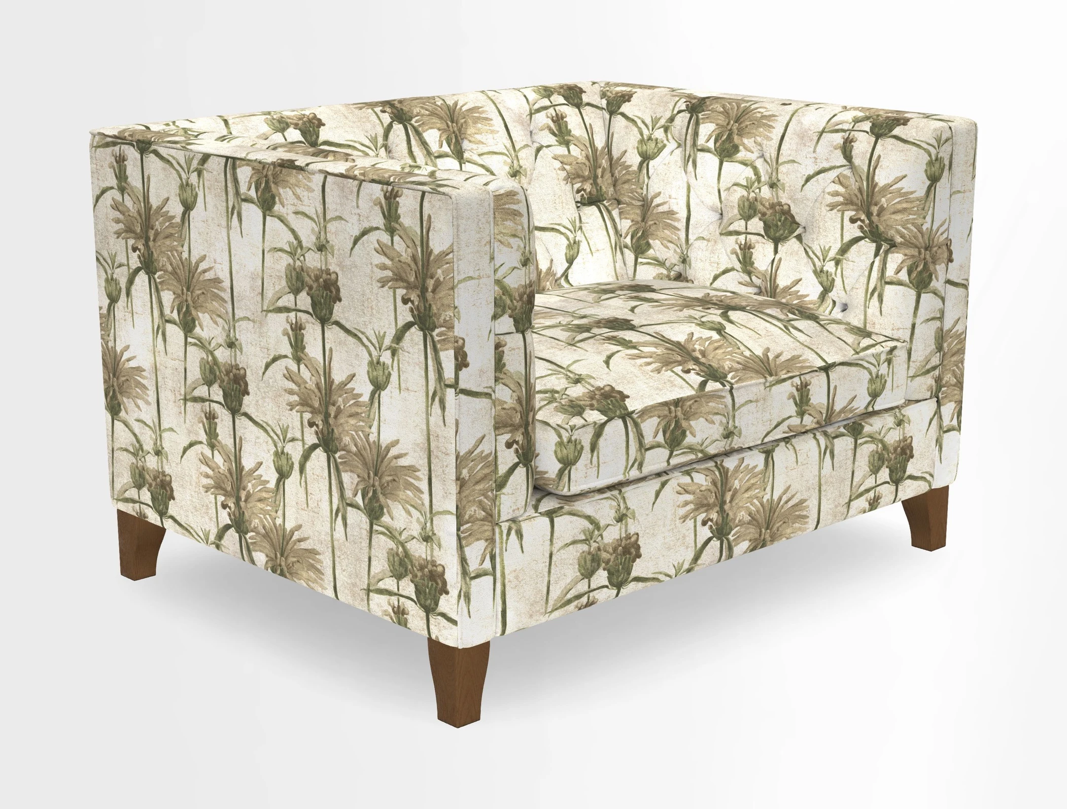 Haresfield Snuggler Dipped Arms in Mohair Lichen Seat Cushion in RHS Gertrude Jekyll Meadow Flower Olive and Scatters in RHS Gertrude Jekyll Folklore Olive