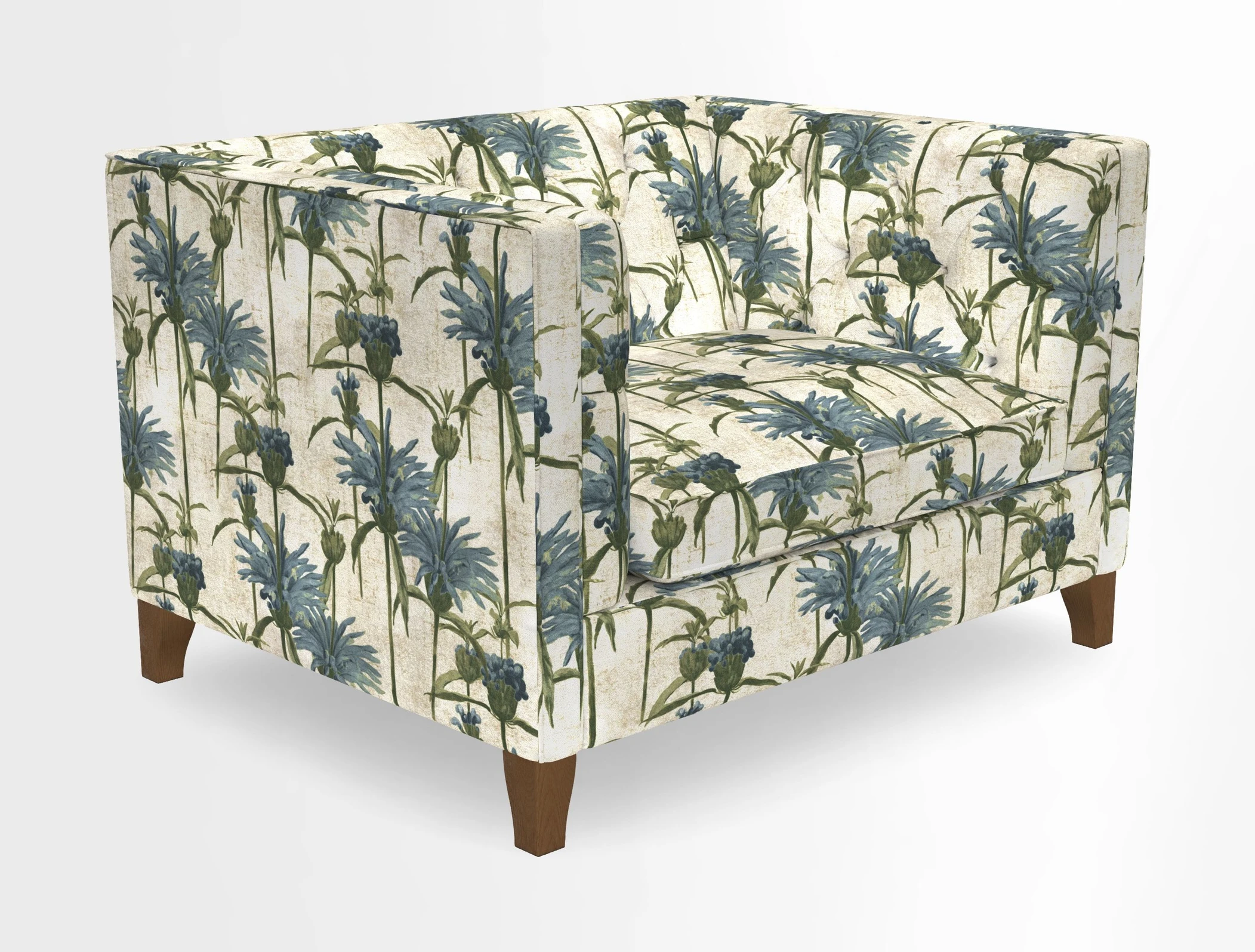 Haresfield Snuggler Dipped Arms in Mohair Lichen Seat Cushion in RHS Gertrude Jekyll Meadow Flower Olive and Scatters in RHS Gertrude Jekyll Folklore Olive