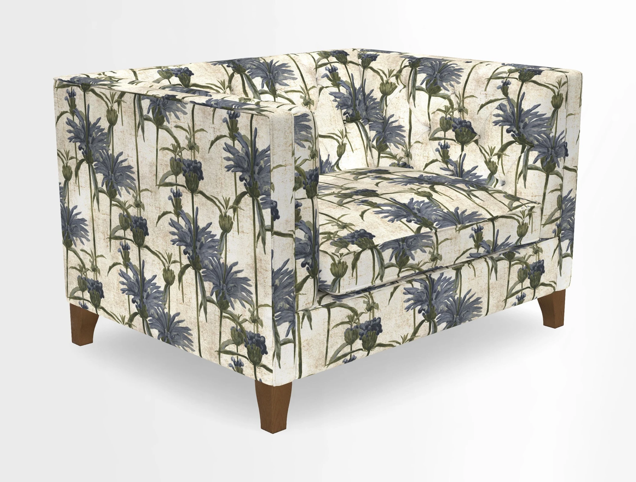 Haresfield Snuggler Dipped Arms in Mohair Lichen Seat Cushion in RHS Gertrude Jekyll Meadow Flower Olive and Scatters in RHS Gertrude Jekyll Folklore Olive