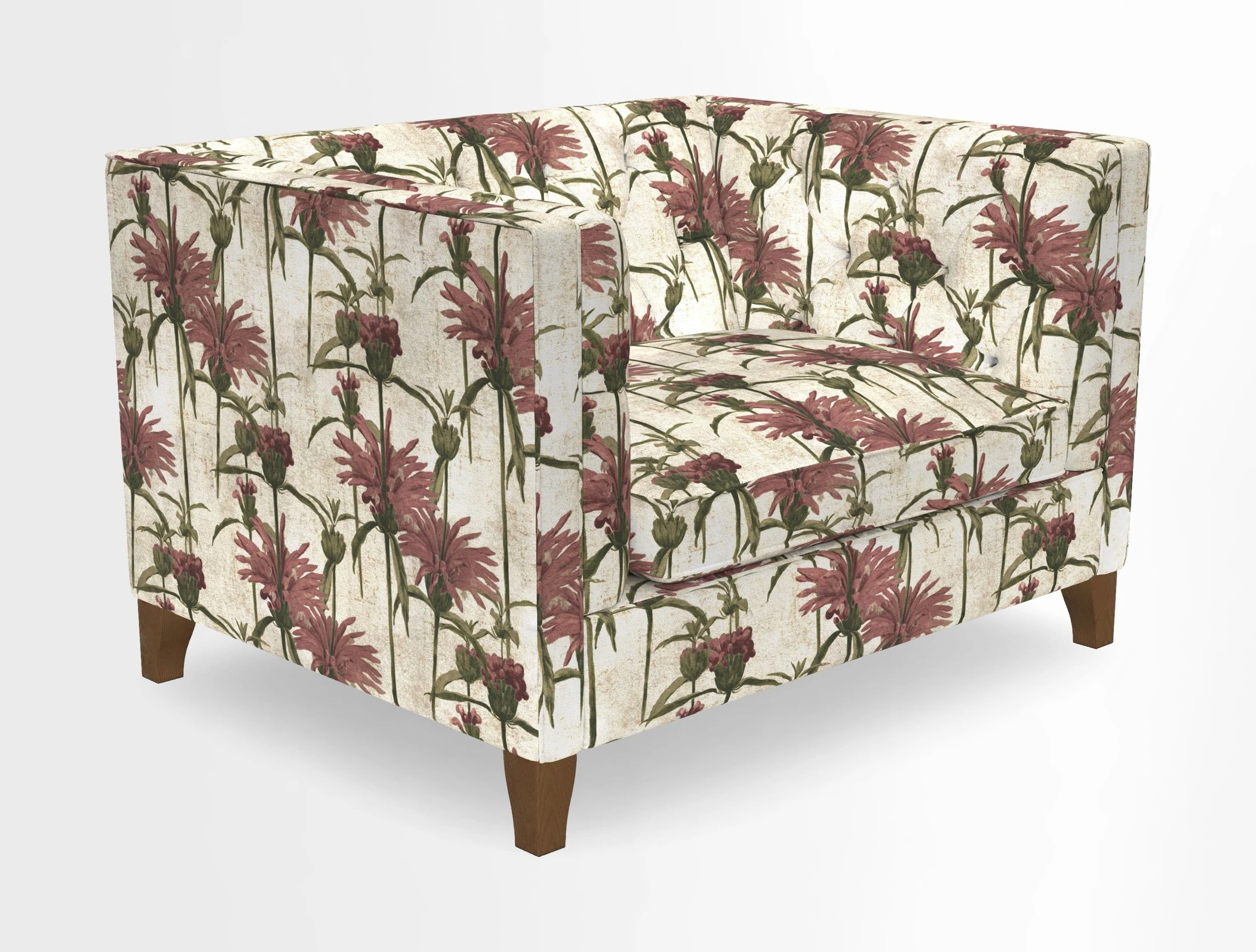 Haresfield Snuggler Dipped Arms in Mohair Lichen Seat Cushion in RHS Gertrude Jekyll Meadow Flower Olive and Scatters in RHS Gertrude Jekyll Folklore Olive