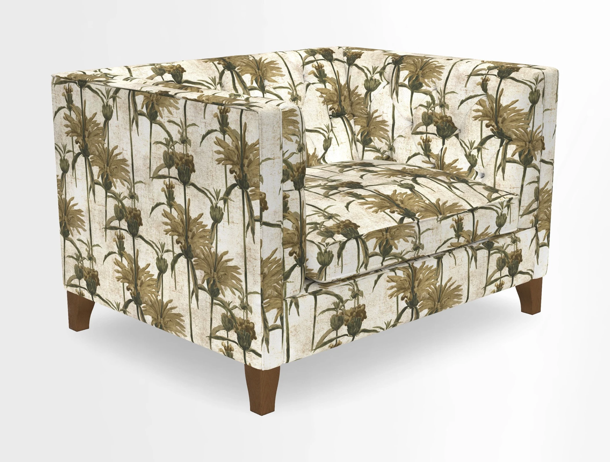 Haresfield Snuggler Dipped Arms in Mohair Lichen Seat Cushion in RHS Gertrude Jekyll Meadow Flower Olive and Scatters in RHS Gertrude Jekyll Folklore Olive