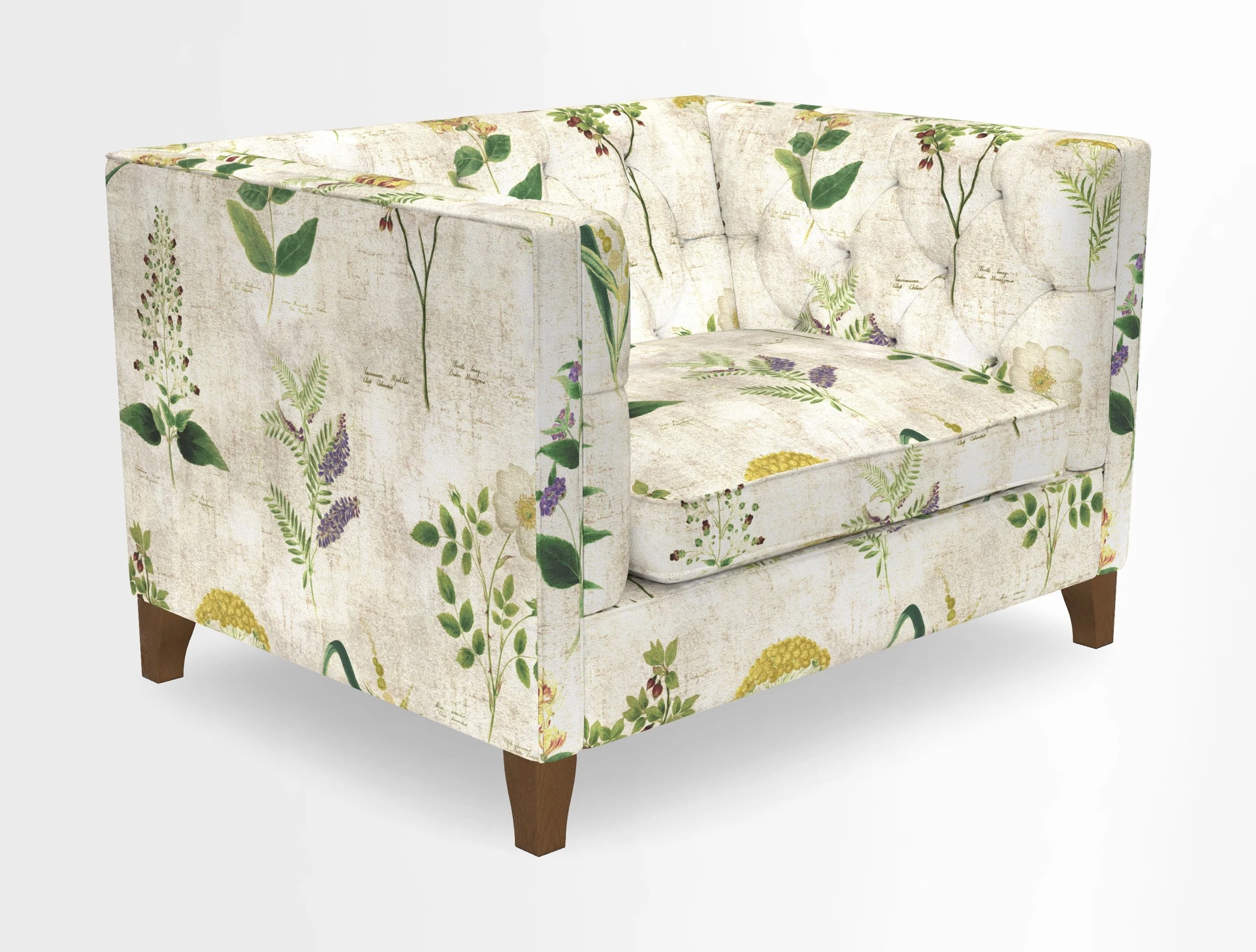 Haresfield Snuggler Dipped Arms in Mohair Lichen Seat Cushion in RHS Gertrude Jekyll Meadow Flower Olive and Scatters in RHS Gertrude Jekyll Folklore Olive